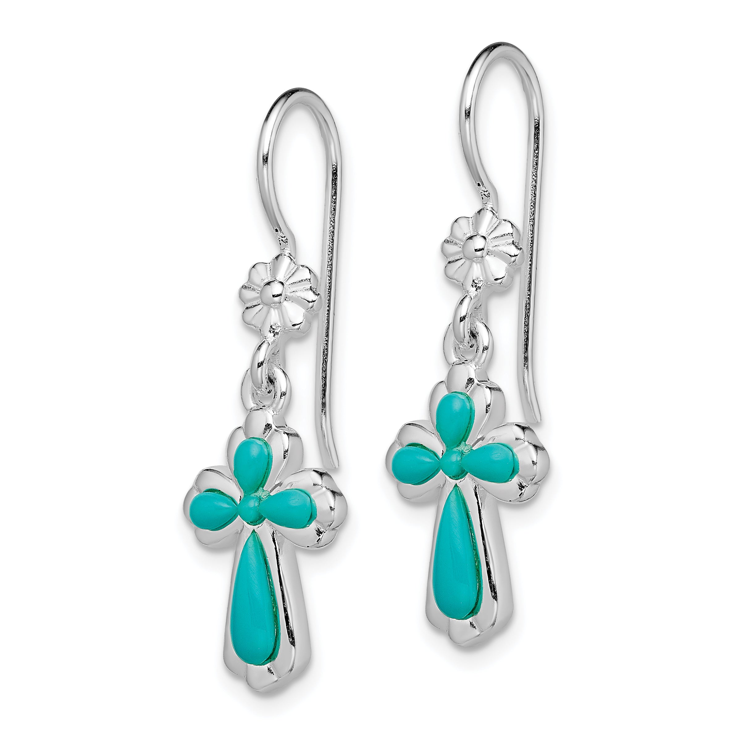 Sterling Silver Rhodium-plated Polished Imitation Turquoise Cross & Flower Dangle Earrings