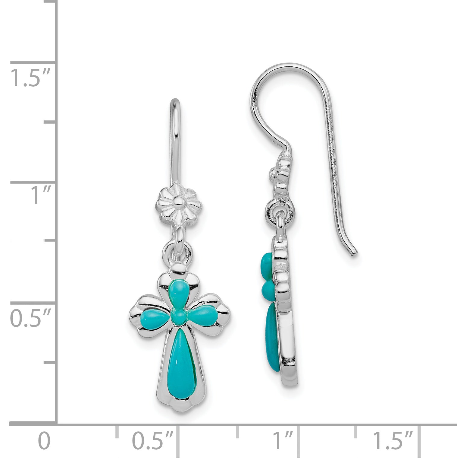 Sterling Silver Rhodium-plated Polished Imitation Turquoise Cross & Flower Dangle Earrings