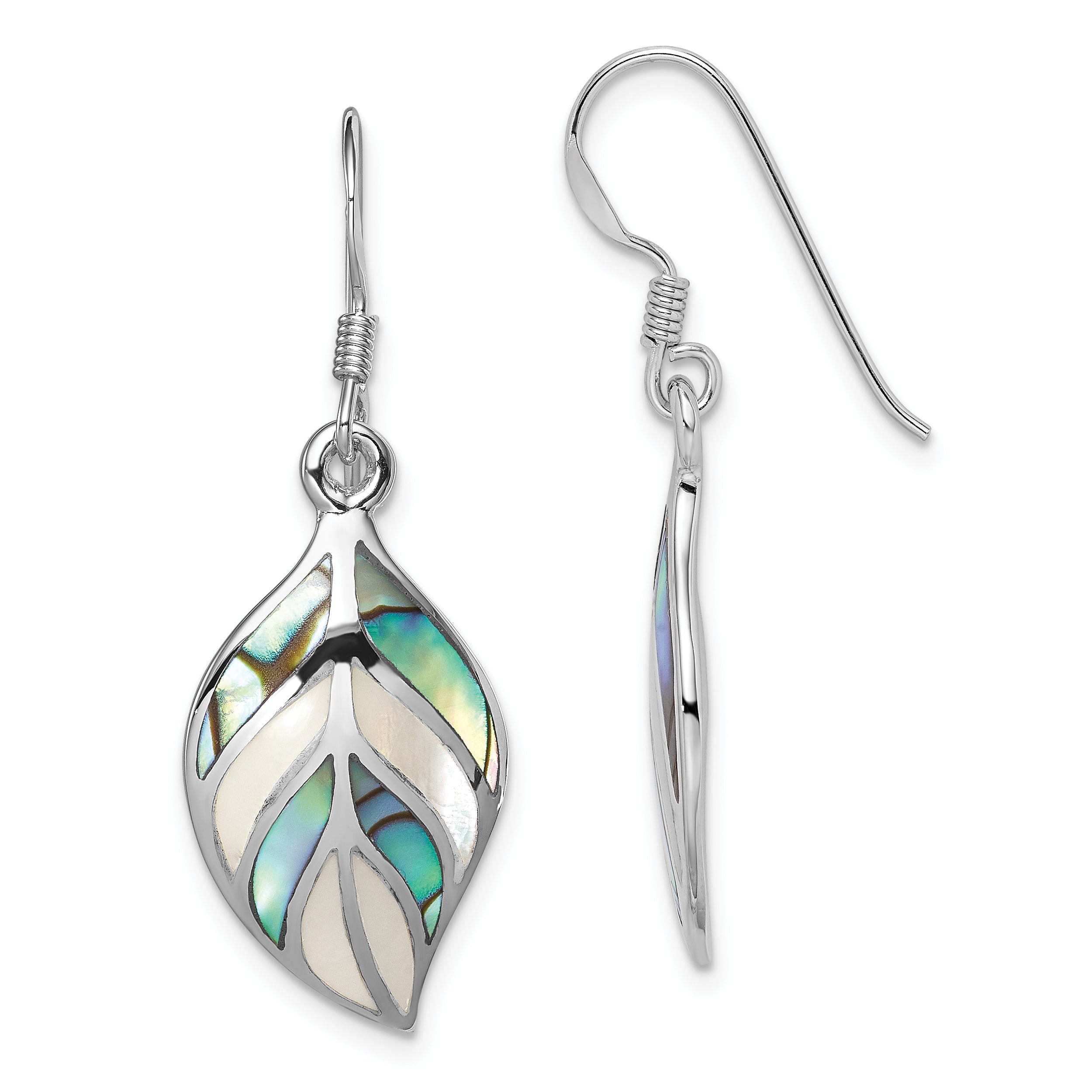 Sterling Silver Rhodium Leaf MOP and Abalone Dangle Earrings