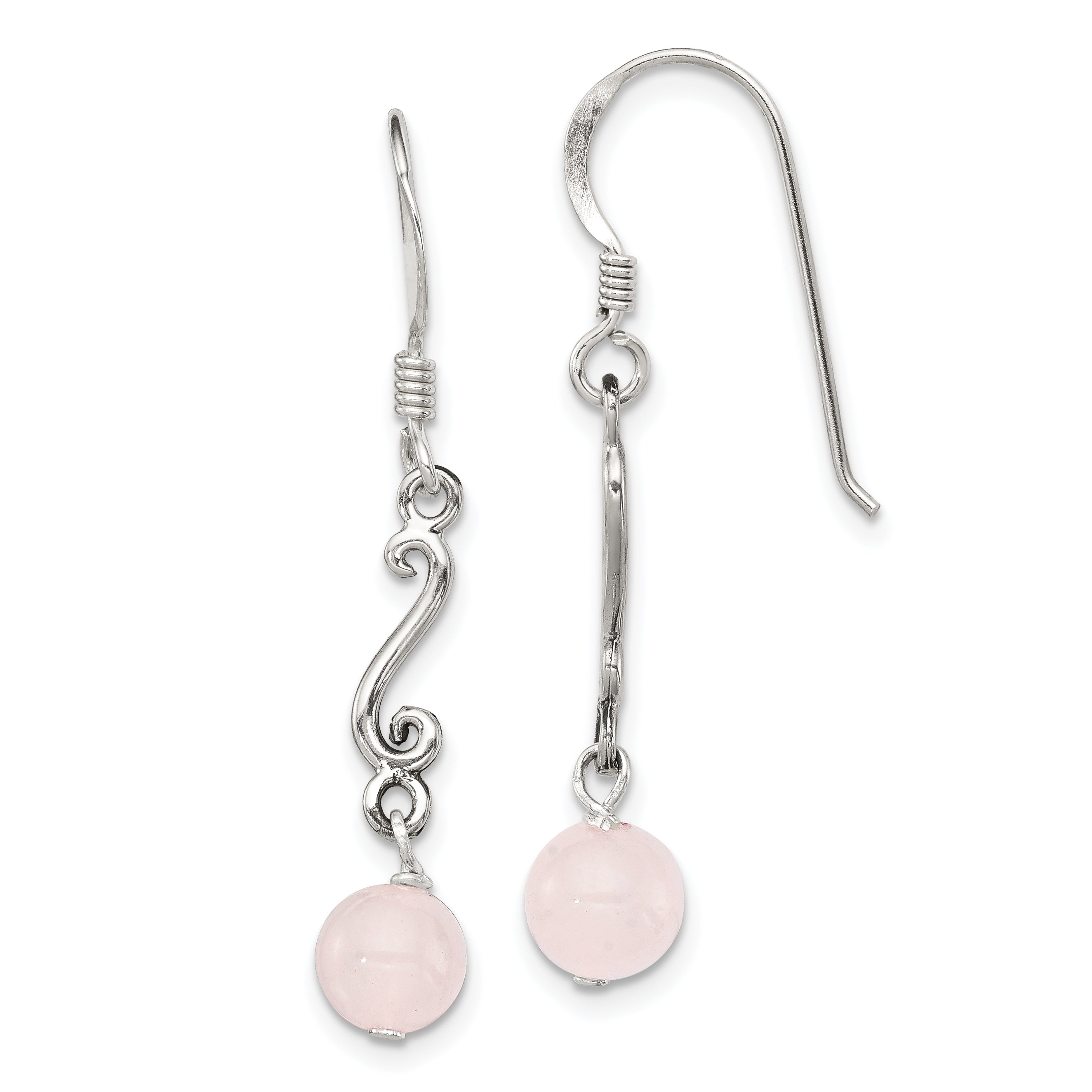 Sterling Silver Polished & Antiqued Rose Quartz Swirl Dangle Earrings