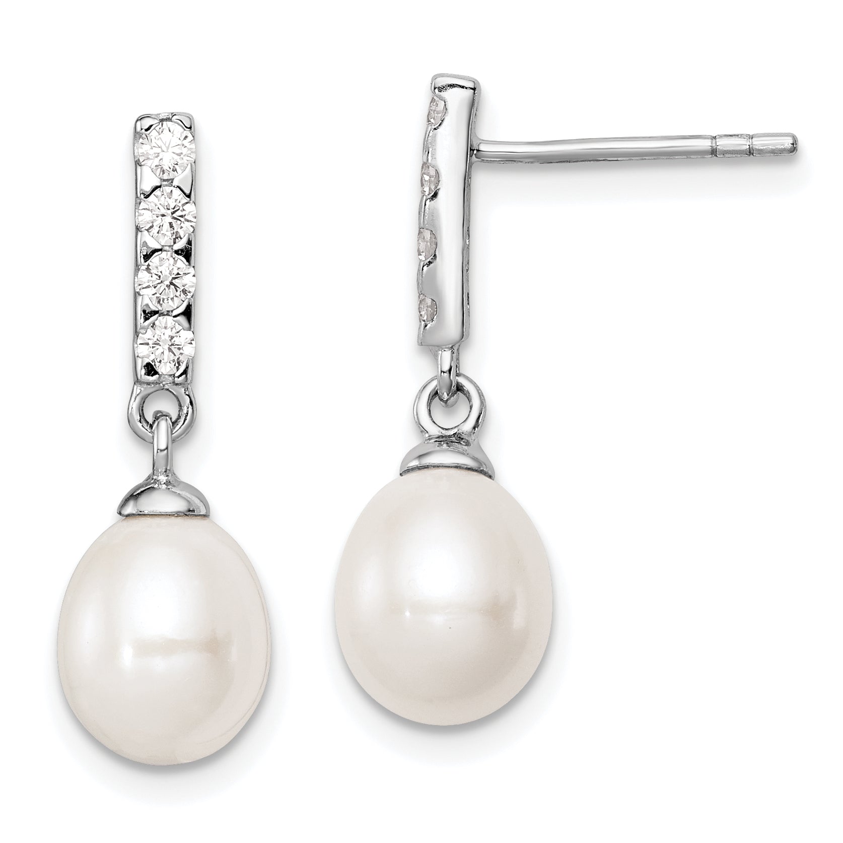 Sterling Silver Rhodium-plated 8-9mm White FWC Pearl CZ Post Earrings