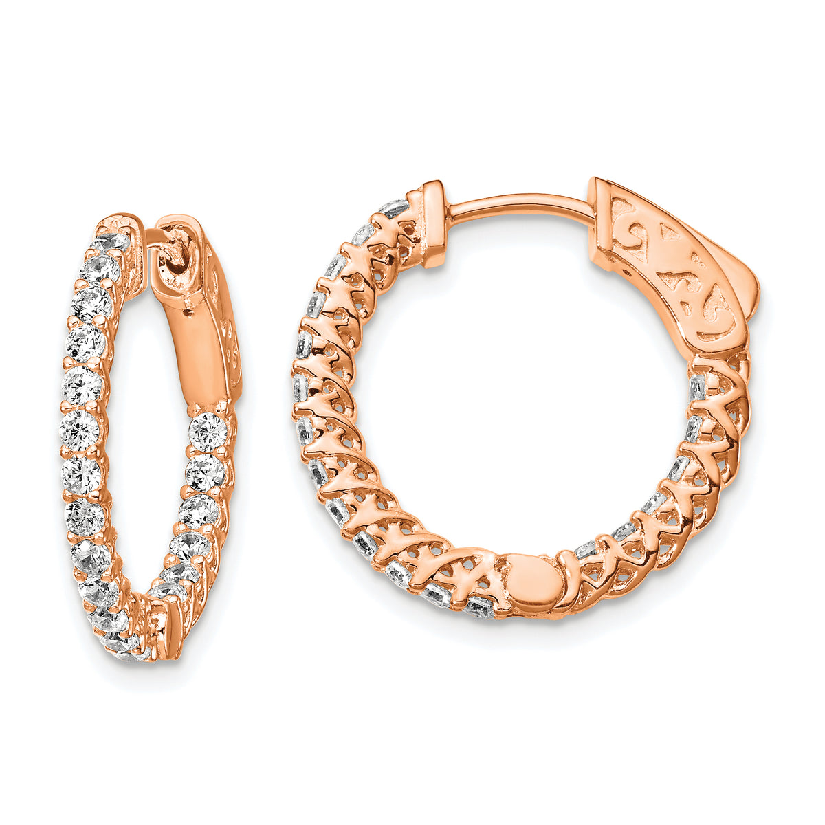 Sterling Shimmer Sterling Silver Rose-tone Rose Gold-plated 38 Stone 1.75mm CZ In and Out Round Hinged Hoop Earrings