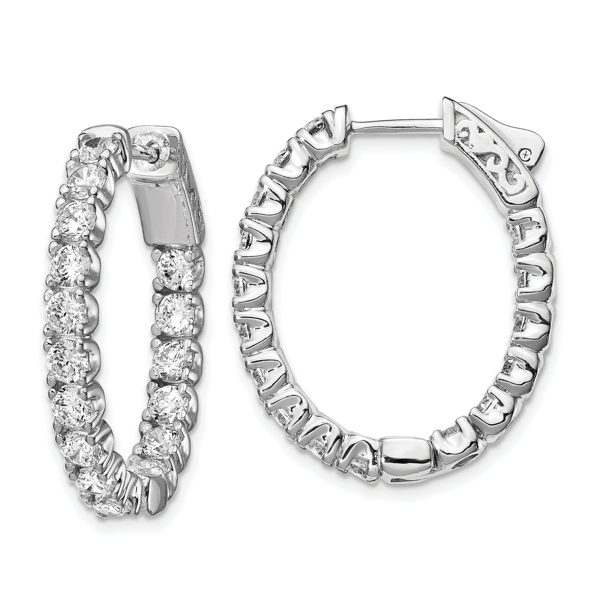 Sterling Shimmer Sterling Silver Rhodium-plated 32 Stone 3.0mm CZ In and Out Oval Hinged Hoop Earrings