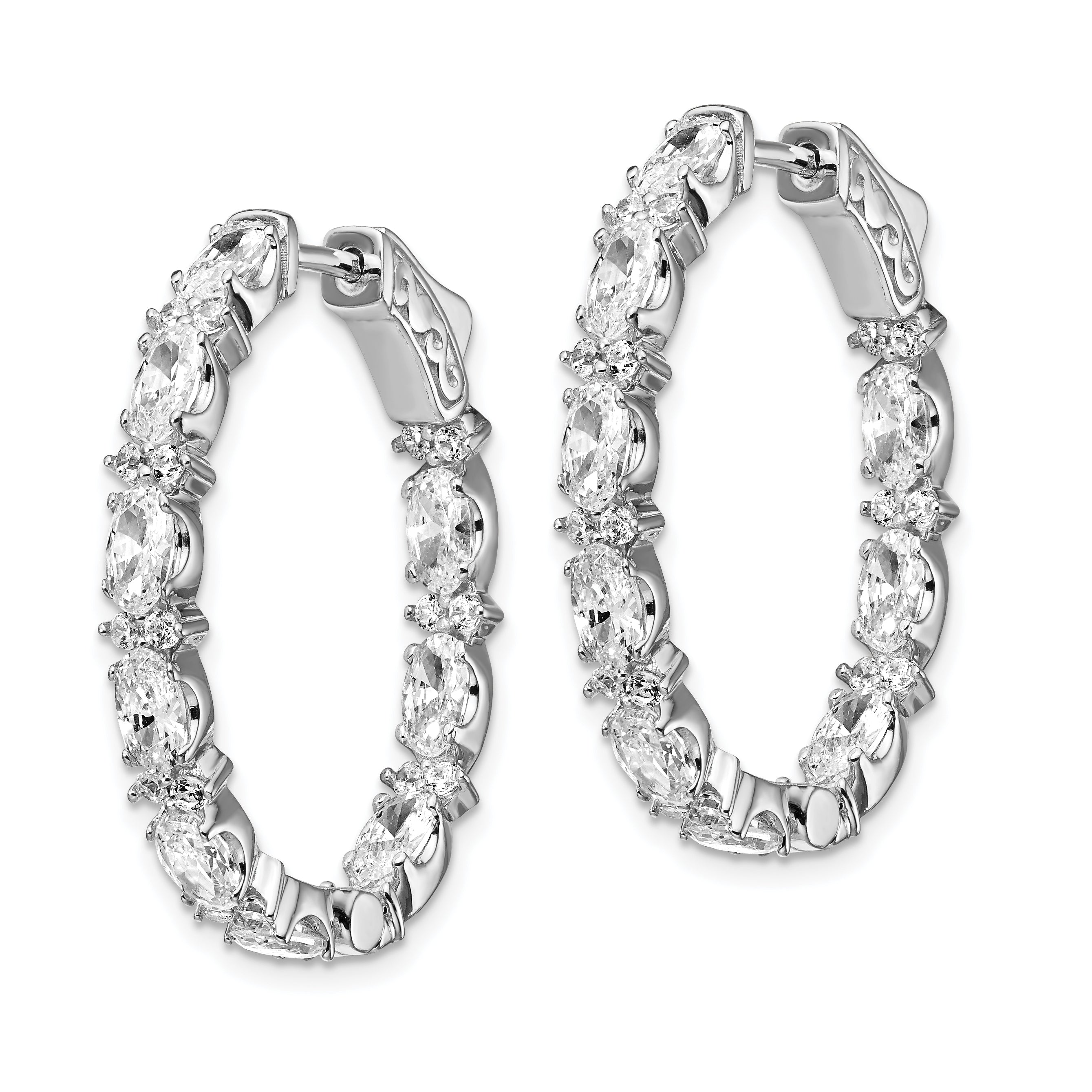 Sterling Shimmer Sterling Silver Rhodium-plated 54 Stone CZ Fancy In and Out Oval Hinged Hoop Earrings