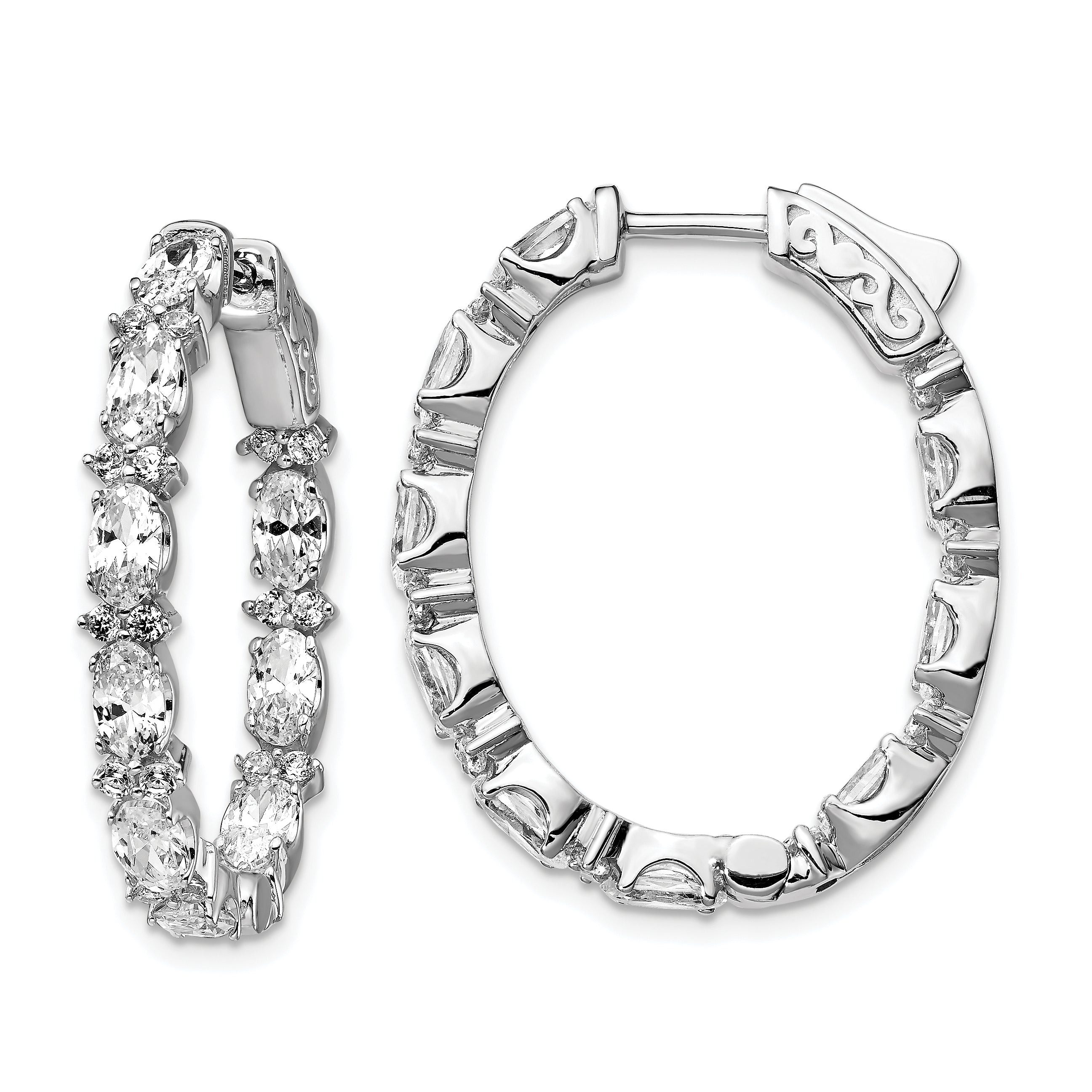 Sterling Shimmer Sterling Silver Rhodium-plated 54 Stone CZ Fancy In and Out Oval Hinged Hoop Earrings