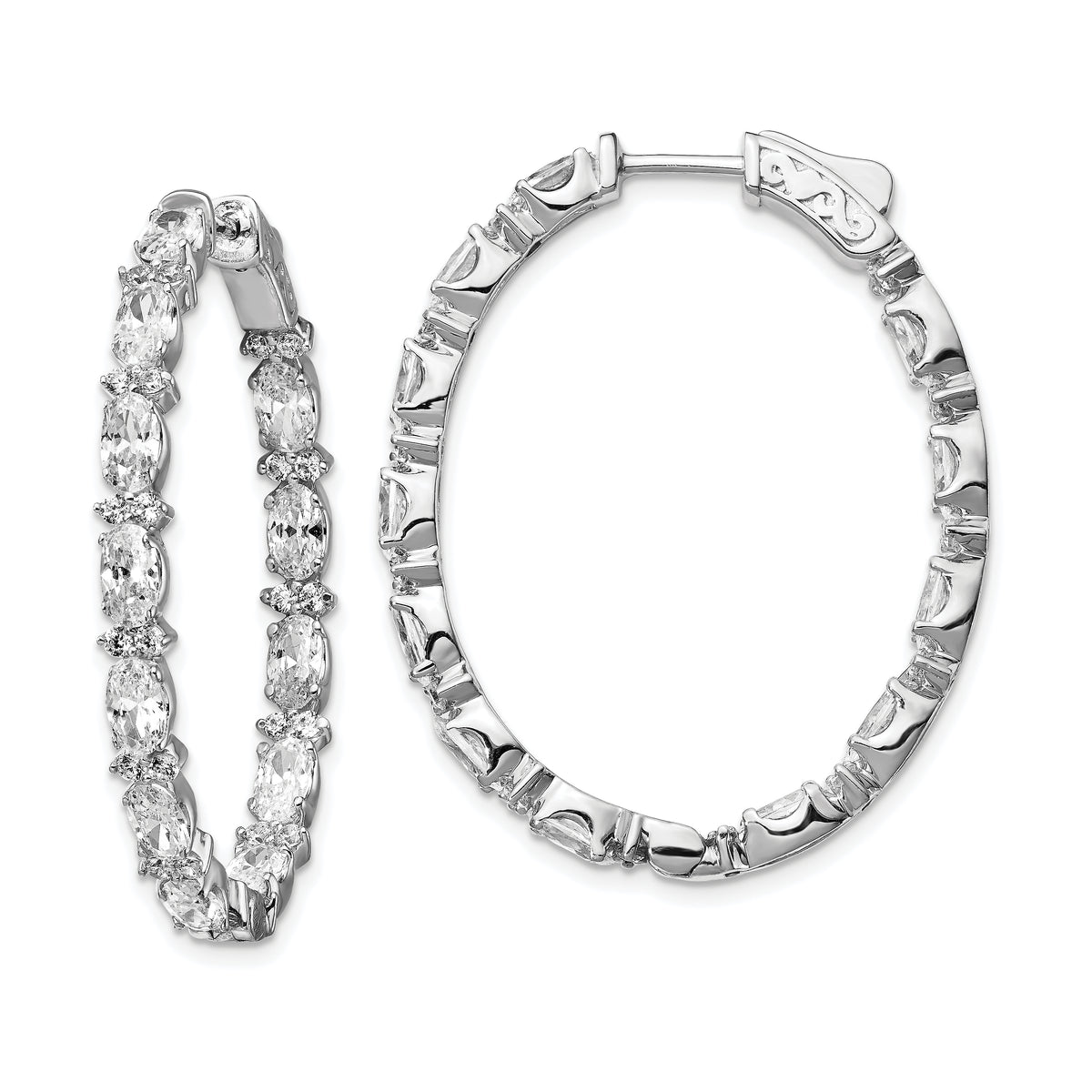 Sterling Shimmer Sterling Silver Rhodium-plated 76 Stone CZ Fancy In and Out Oval Hinged Hoop Earrings