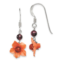 Sterling Silver Polished Garnet & Carnelian Flower Dangle Earrings