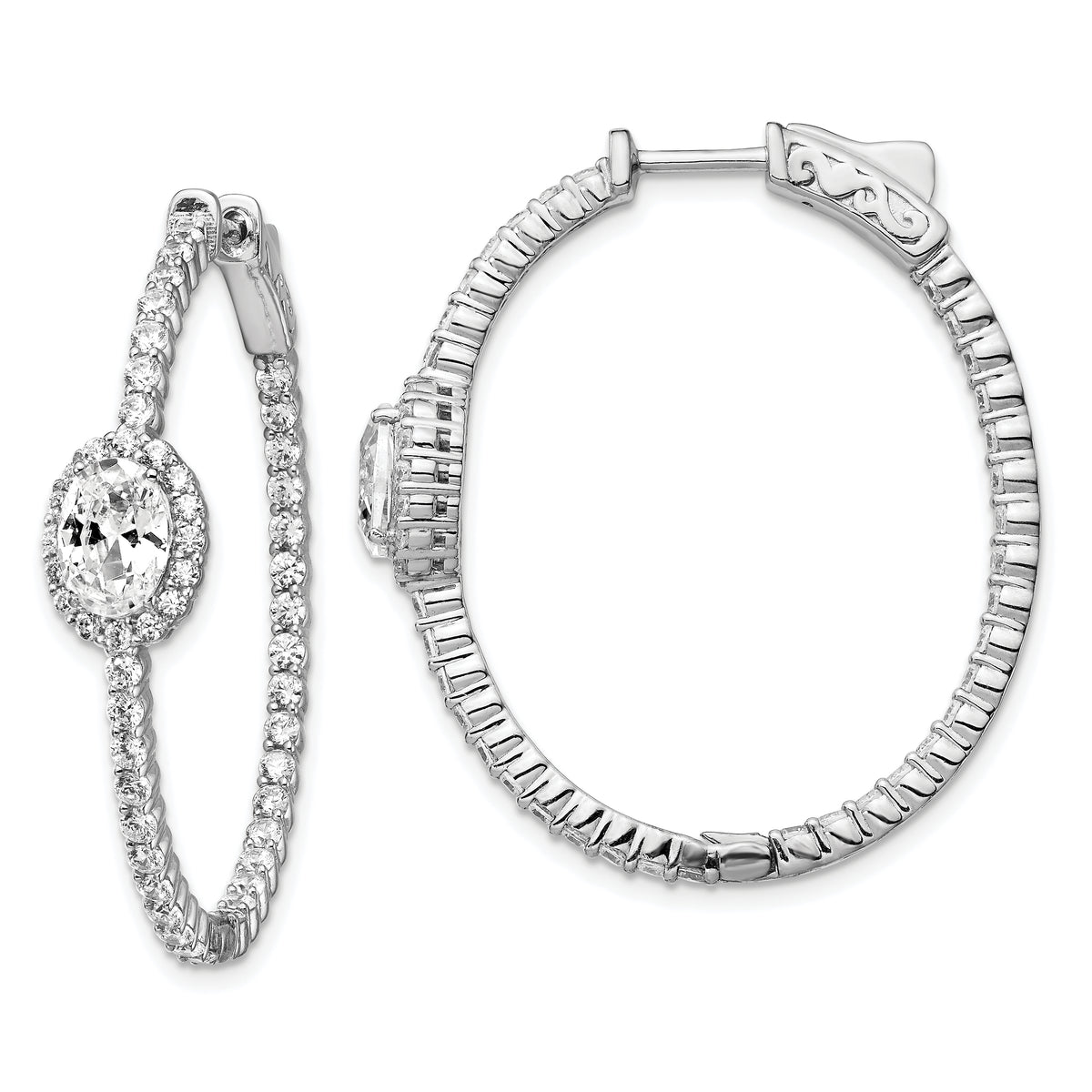 Sterling Shimmer Sterling Silver Rhodium-plated 104 Stone CZ Fancy In and Out Oval Hinged Hoop Earrings