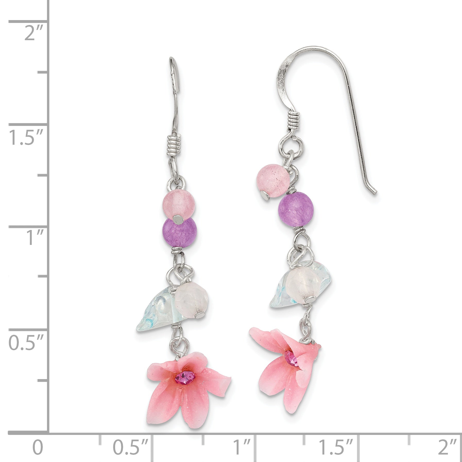 Sterling Silver Polished Amethyst, Agate, Blue Topaz, Pink CZ & Resin Flower Dangle Earrings