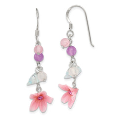 Sterling Silver Polished Amethyst, Agate, Blue Topaz, Pink CZ & Resin Flower Dangle Earrings