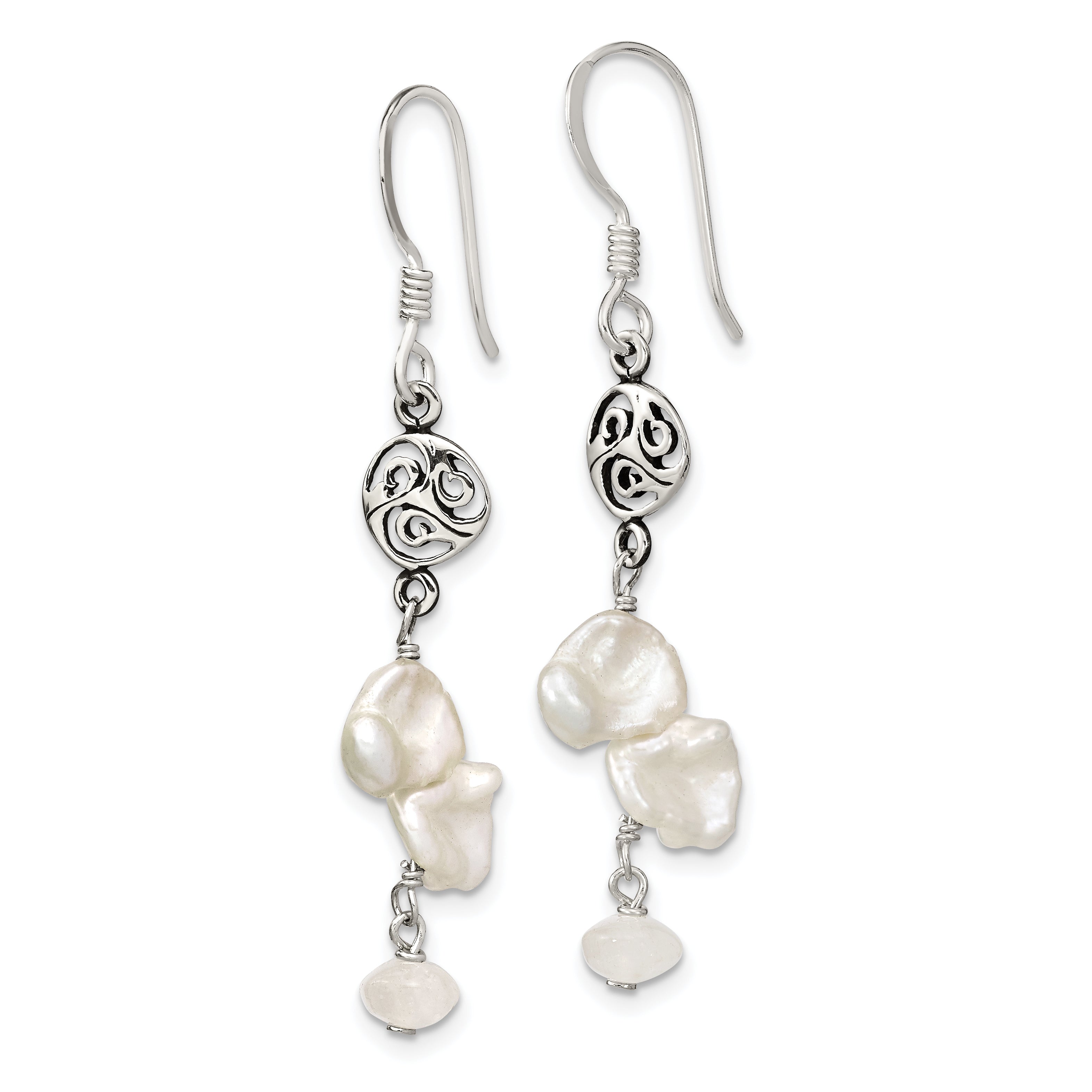 Sterling Silver Polished White 5-9mm Baroque Freshwater Cultured Pearl and Moonstone Fancy Dangle Earrings