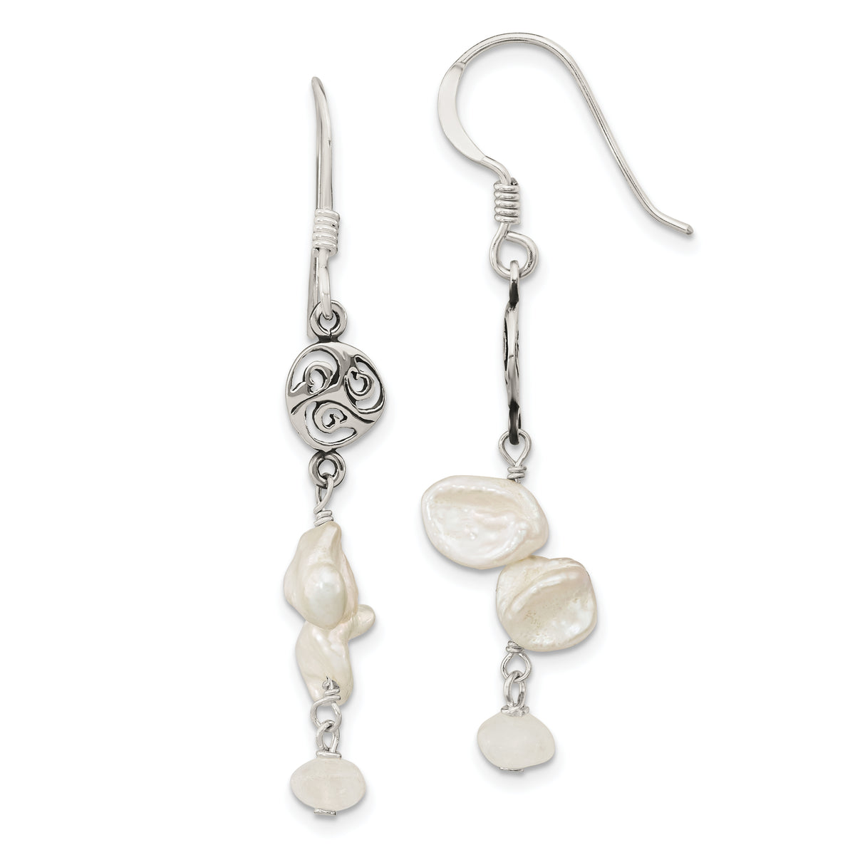 Sterling Silver Polished White 5-9mm Baroque Freshwater Cultured Pearl and Moonstone Fancy Dangle Earrings