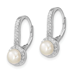 Sterling Silver Rhodium-plated Polished White 5-6mm Button Freshwater Cultured Pearl & CZ Halo Leverback Dangle Earrings