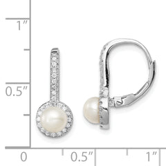 Sterling Silver Rhodium-plated Polished White 5-6mm Button Freshwater Cultured Pearl & CZ Halo Leverback Dangle Earrings