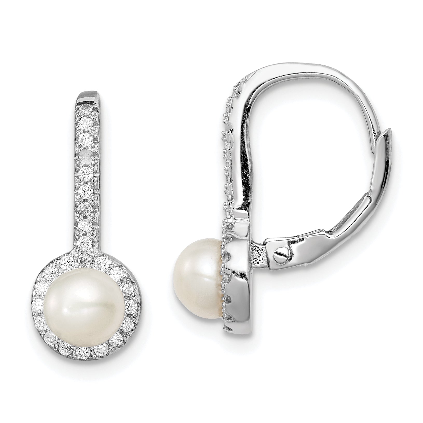 Sterling Silver Rhodium-plated Polished White 5-6mm Button Freshwater Cultured Pearl & CZ Halo Leverback Dangle Earrings