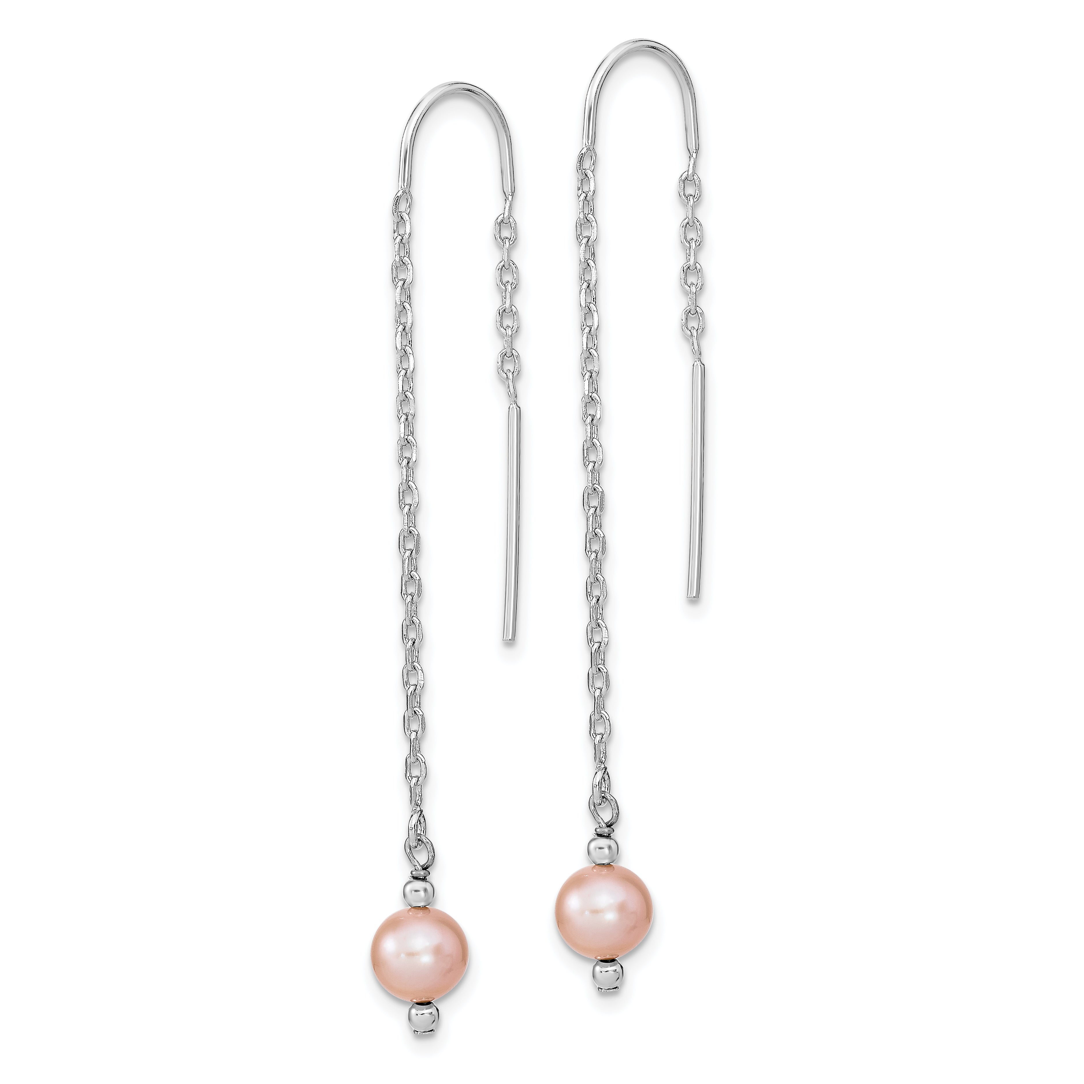 Sterling Silver Rhodium-plated Polished Pink 6-7mm Freshwater Cultured Pearl Threader Earrings