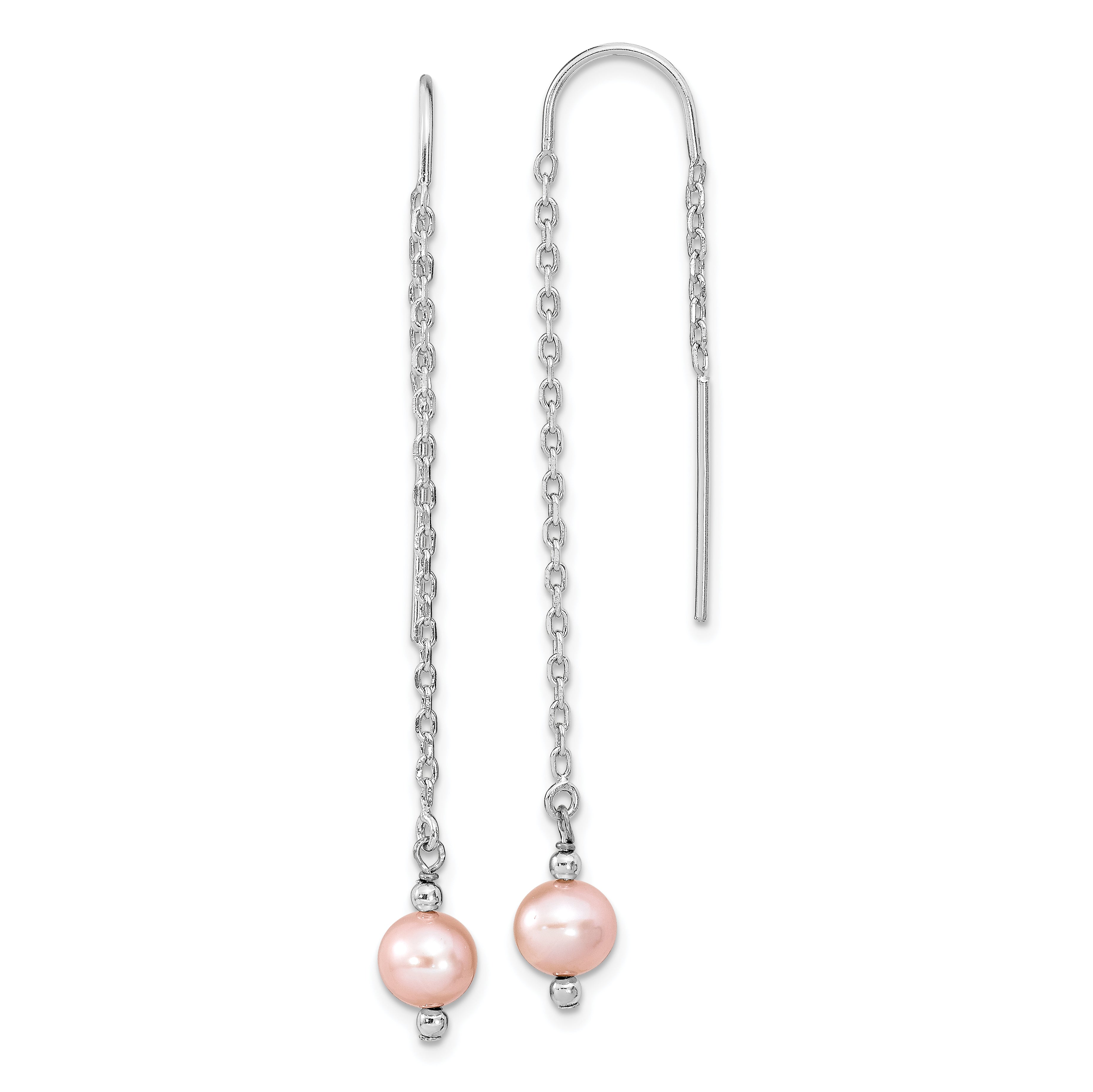 Sterling Silver Rhodium-plated Polished Pink 6-7mm Freshwater Cultured Pearl Threader Earrings