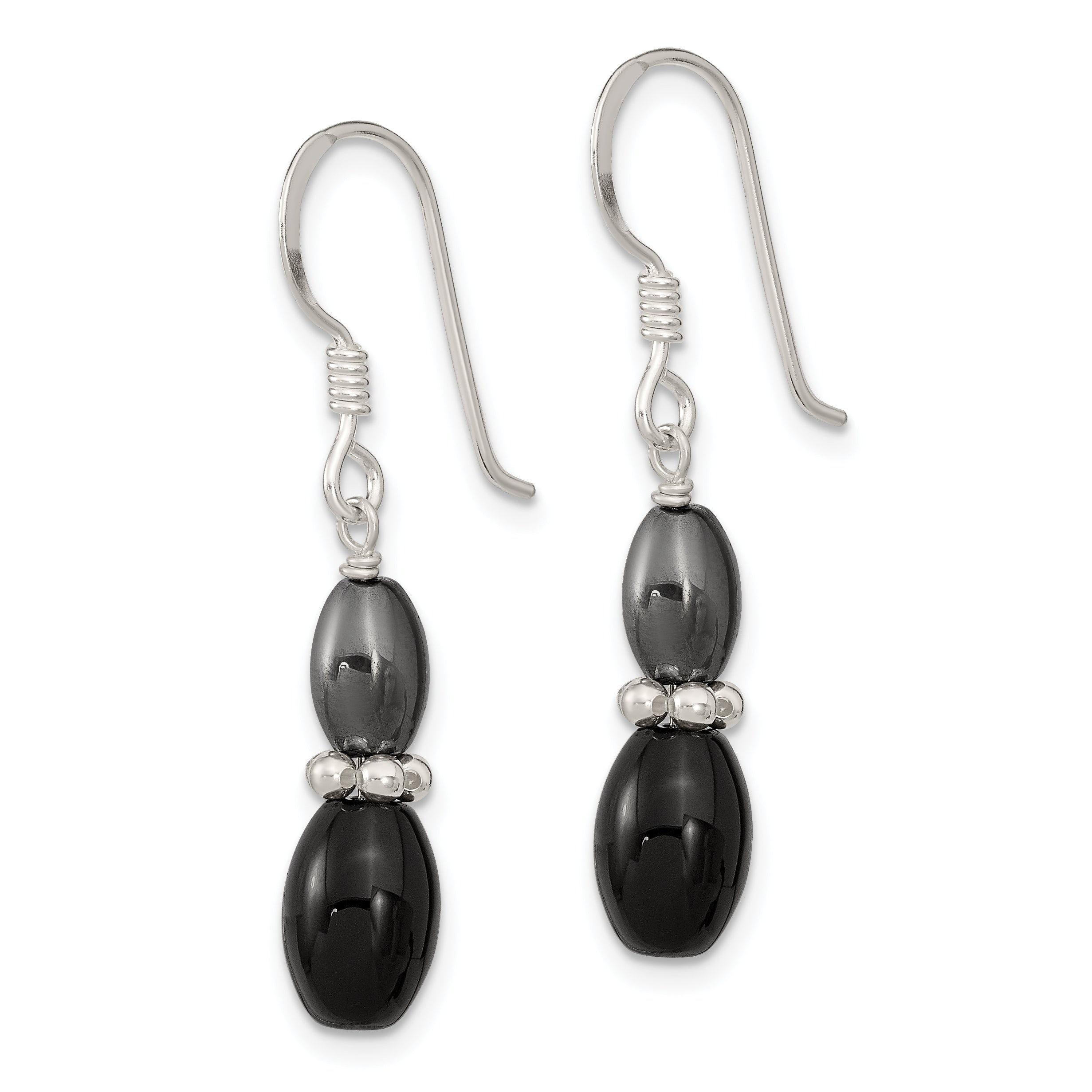 Sterling Silver Polished Black Agate & Hematite Dangle Earrings