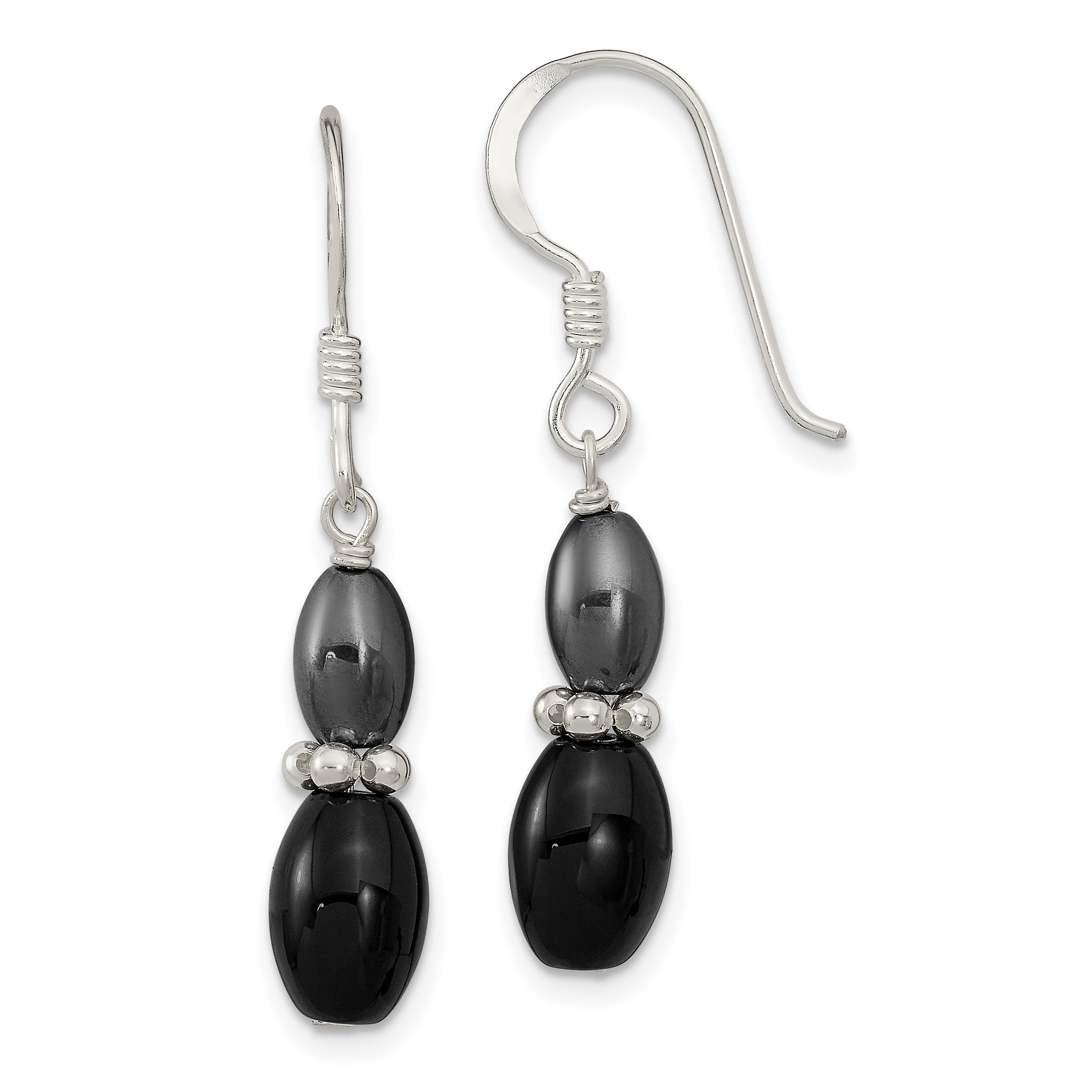 Sterling Silver Polished Black Agate & Hematite Dangle Earrings