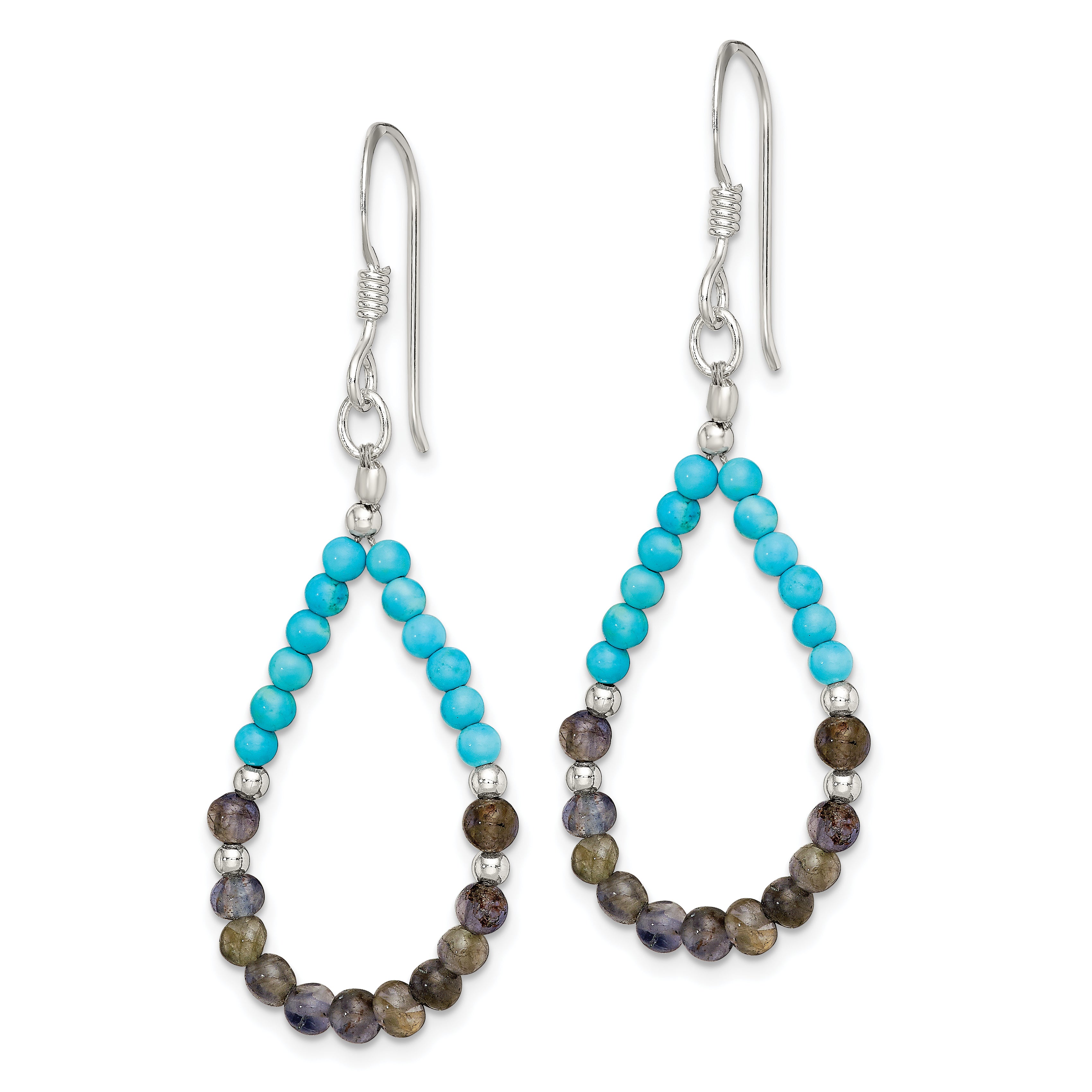 Sterling Silver Polished Iolite & Recon. Turquoise Teardrop Dangle Earrings