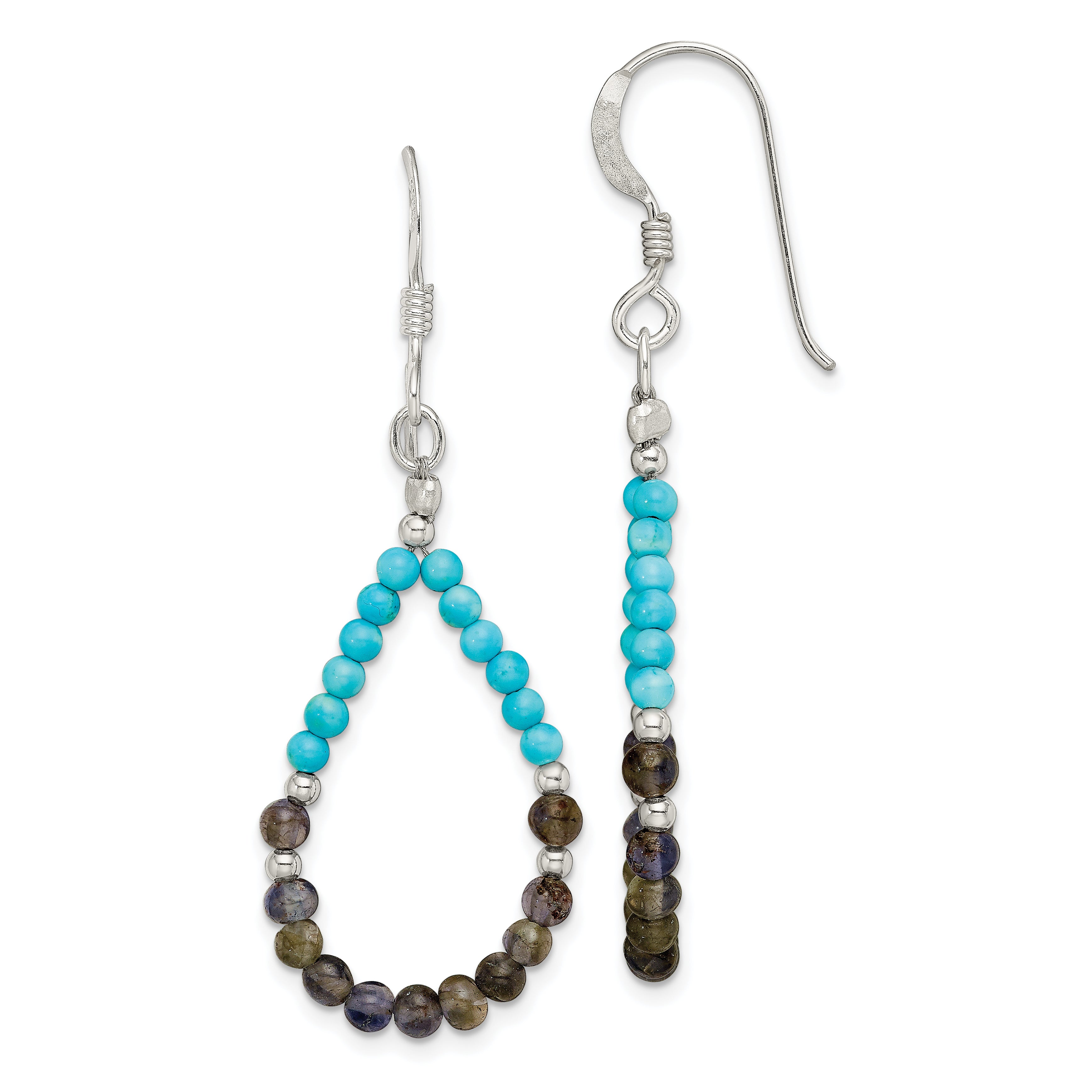 Sterling Silver Polished Iolite & Recon. Turquoise Teardrop Dangle Earrings