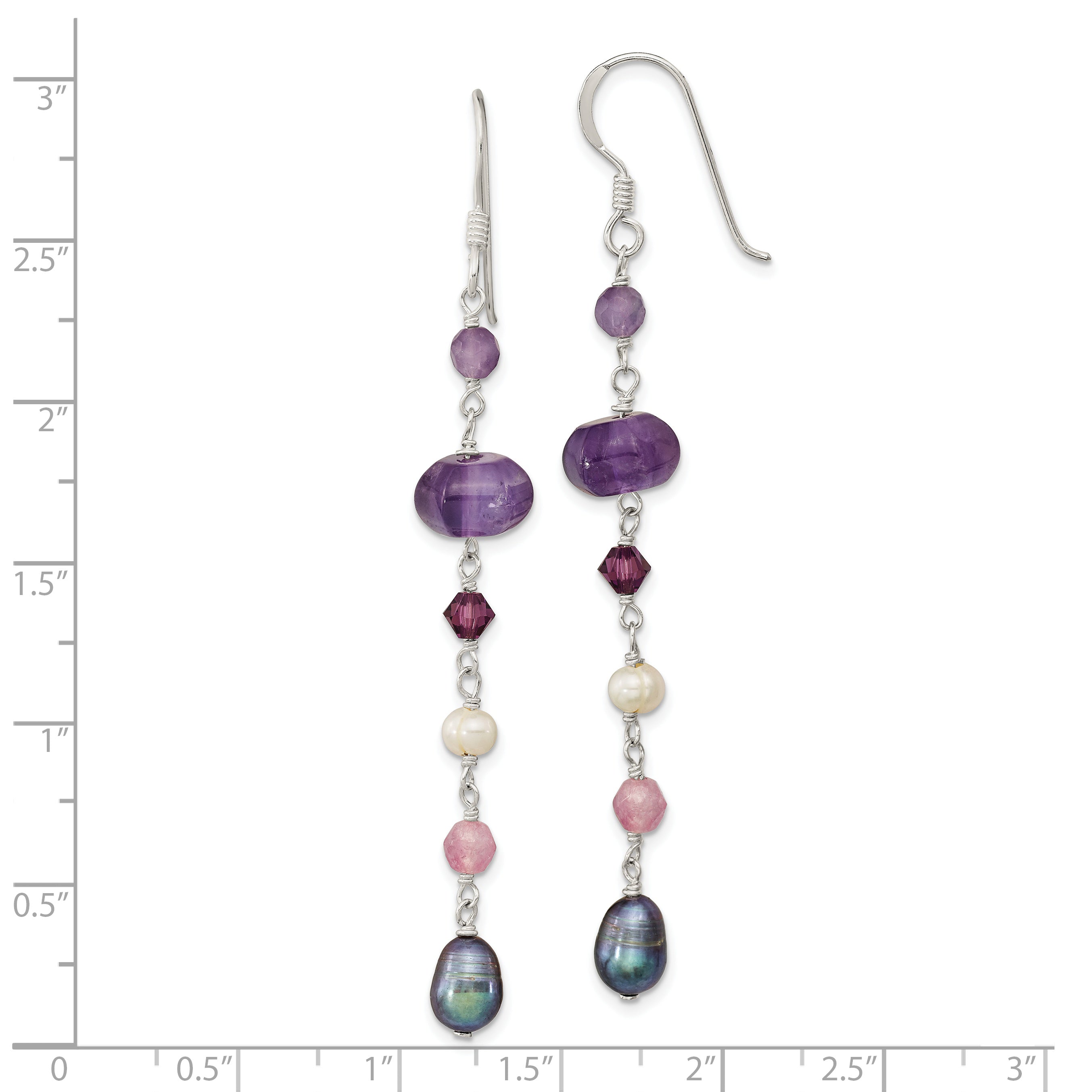 Sterling Silver Polished Amethyst, Lavendar Jade, White & Black Freshwater Cultured Pearl Dangle Earrings