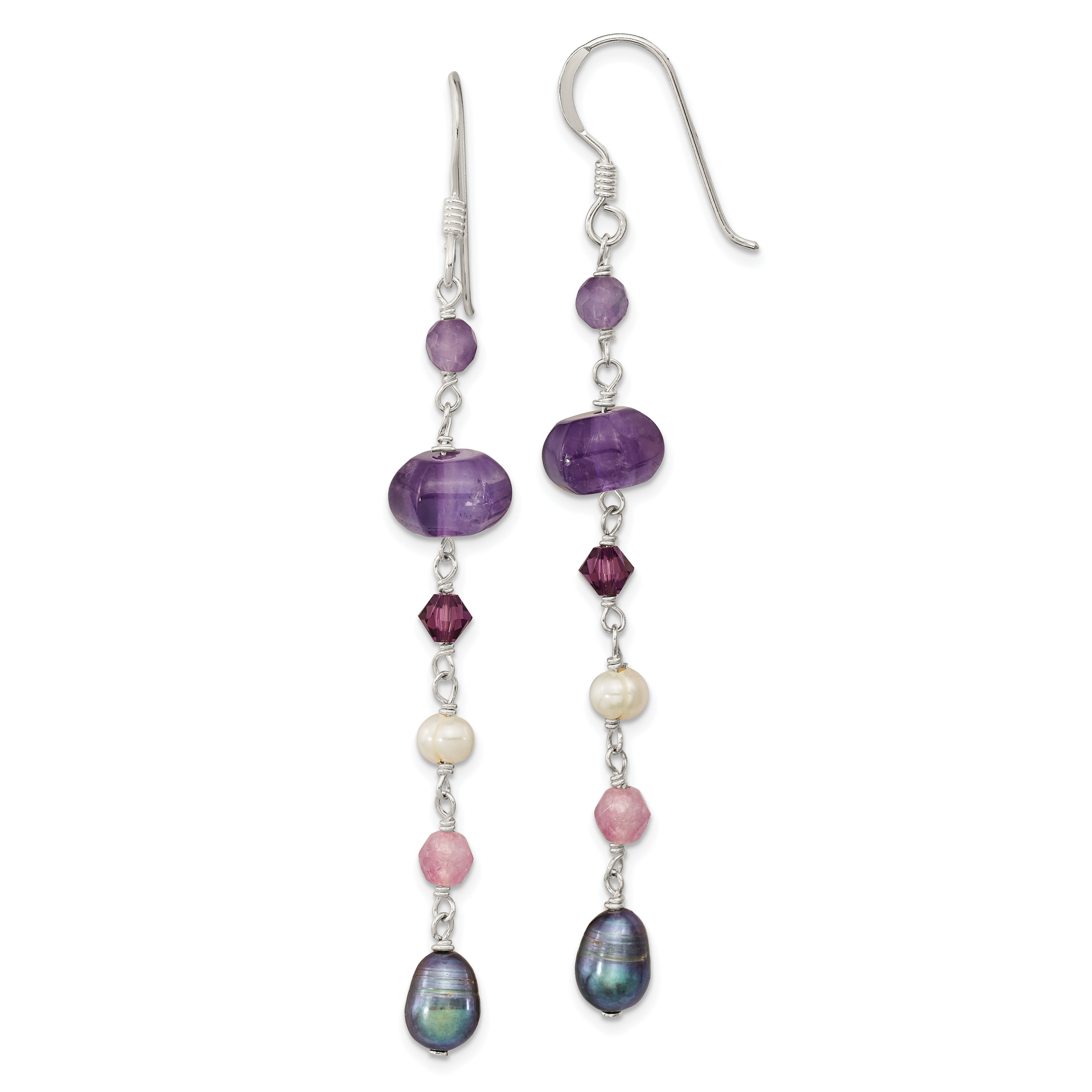 Sterling Silver Polished Amethyst, Lavendar Jade, White & Black Freshwater Cultured Pearl Dangle Earrings