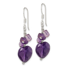 Sterling Silver Polished Amethyst Heart Dangle Earrings