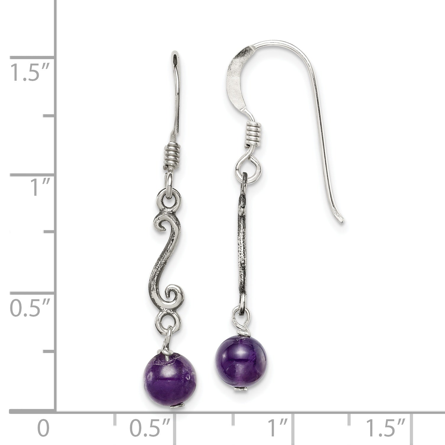 Sterling Silver Polished & Antiqued Amethyst Swirl Dangle Earrings