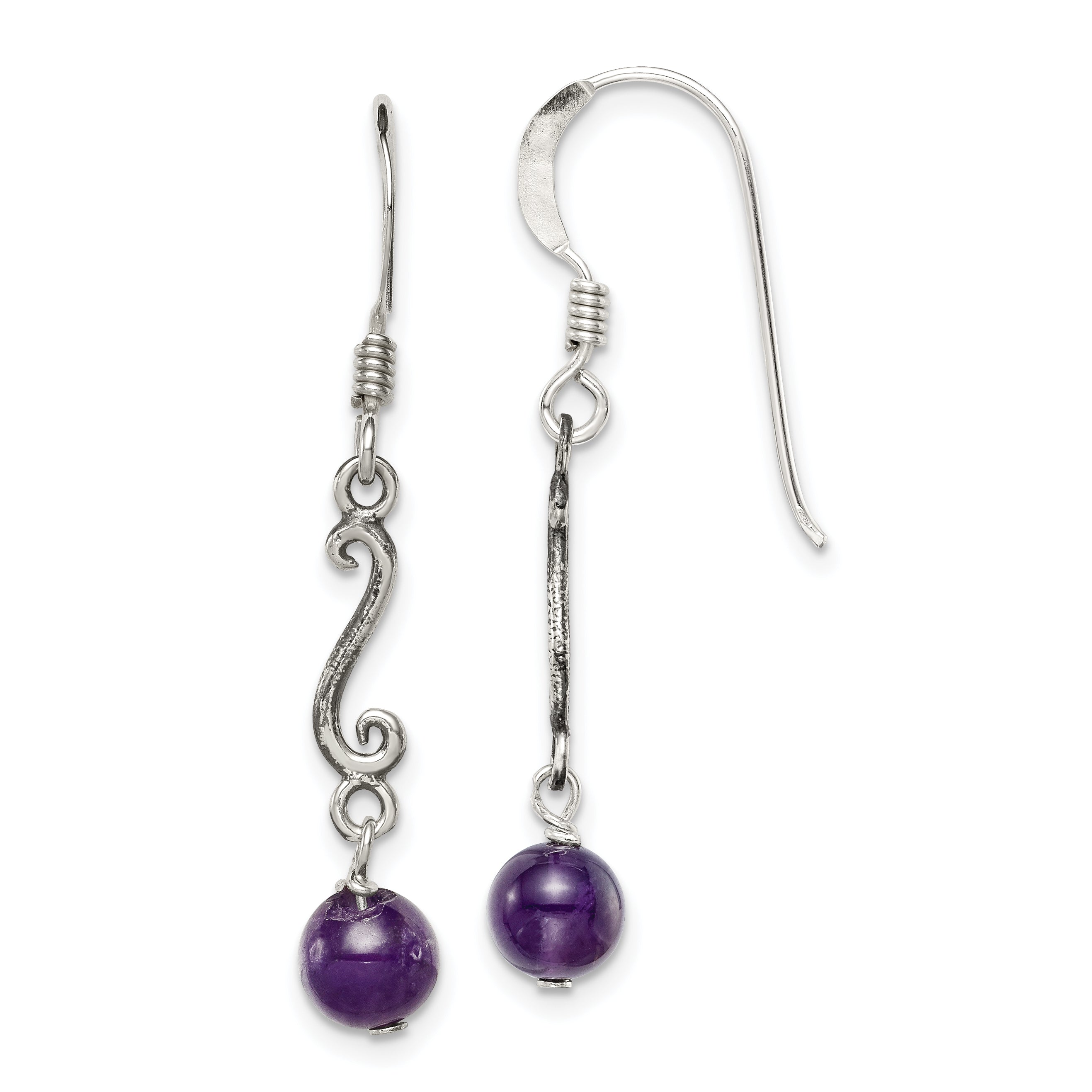 Sterling Silver Polished & Antiqued Amethyst Swirl Dangle Earrings