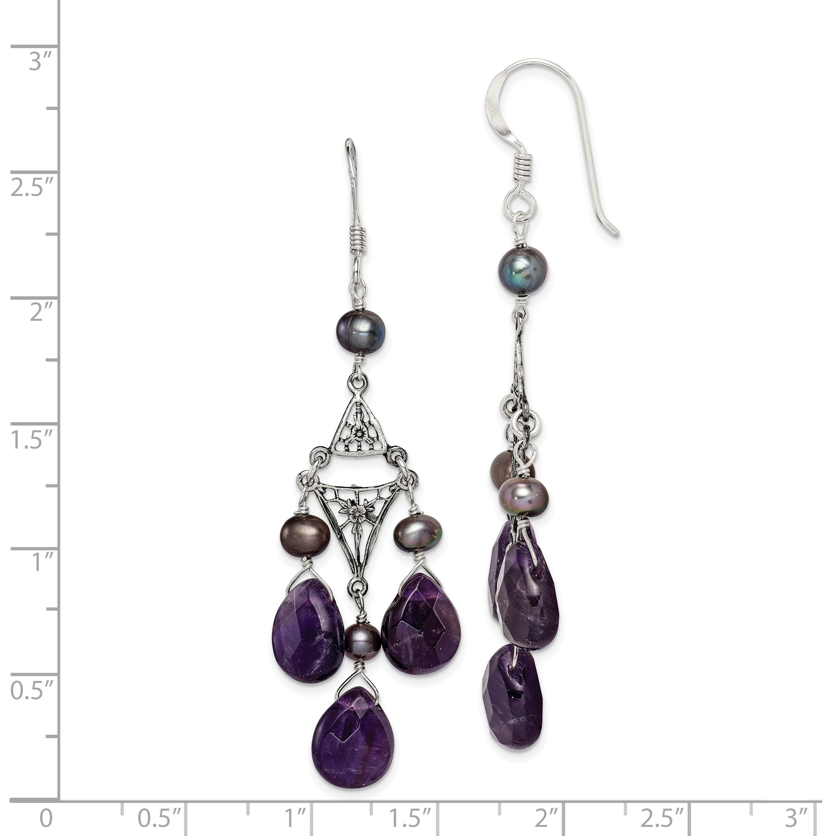 Sterling Silver Antiqued Floral Filigree Amethyst/FWC Pearl Dangle Earrings