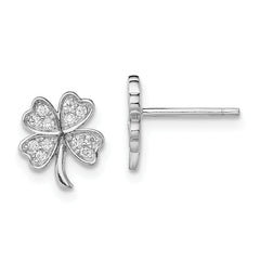 Sterling Silver Rhodium-plated Polished CZ 4 Leaf Clover Post Earrings