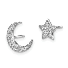 Sterling Silver Rhodium-plated CZ Star and Moon Post Earrings