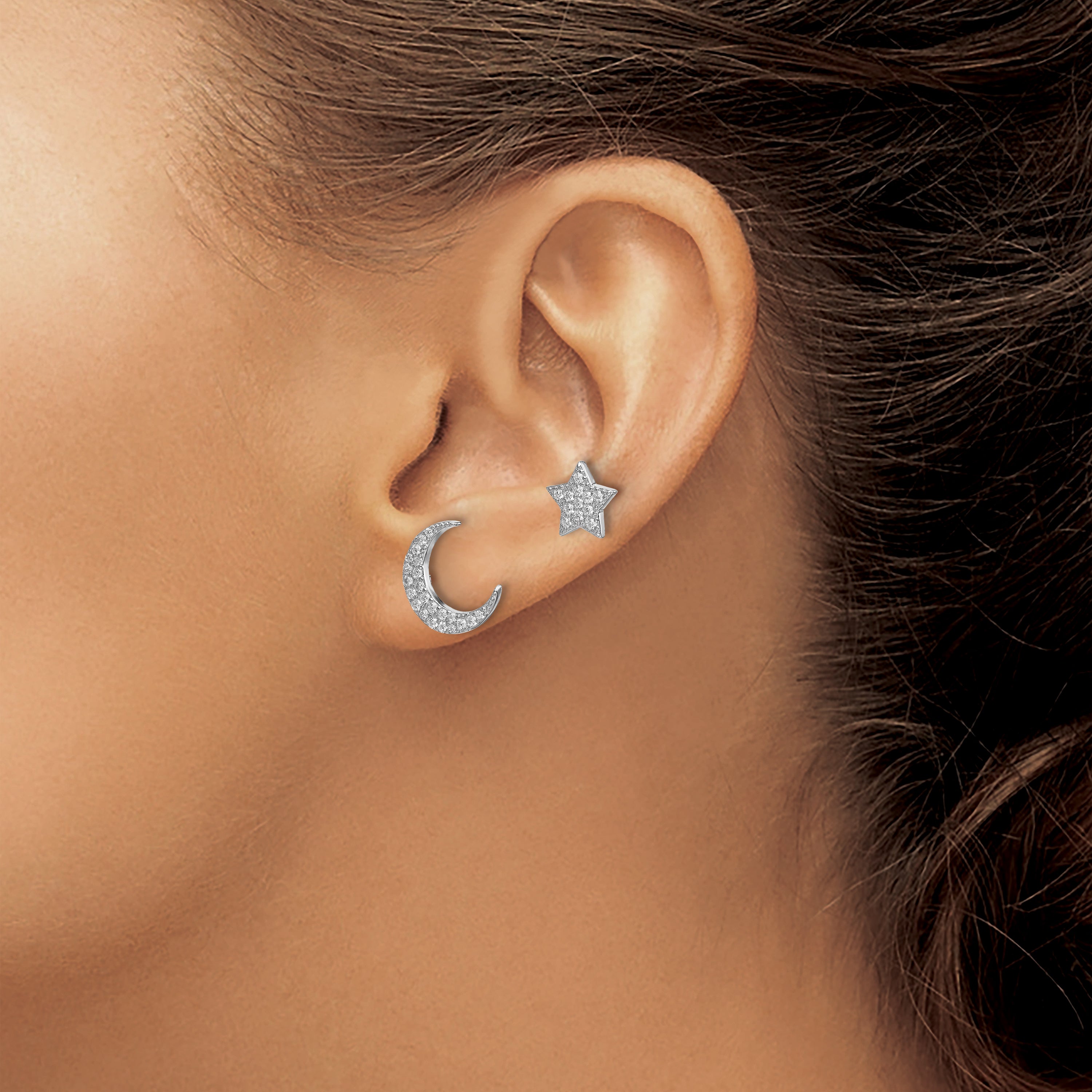 Sterling Silver Rhodium-plated CZ Star and Moon Post Earrings