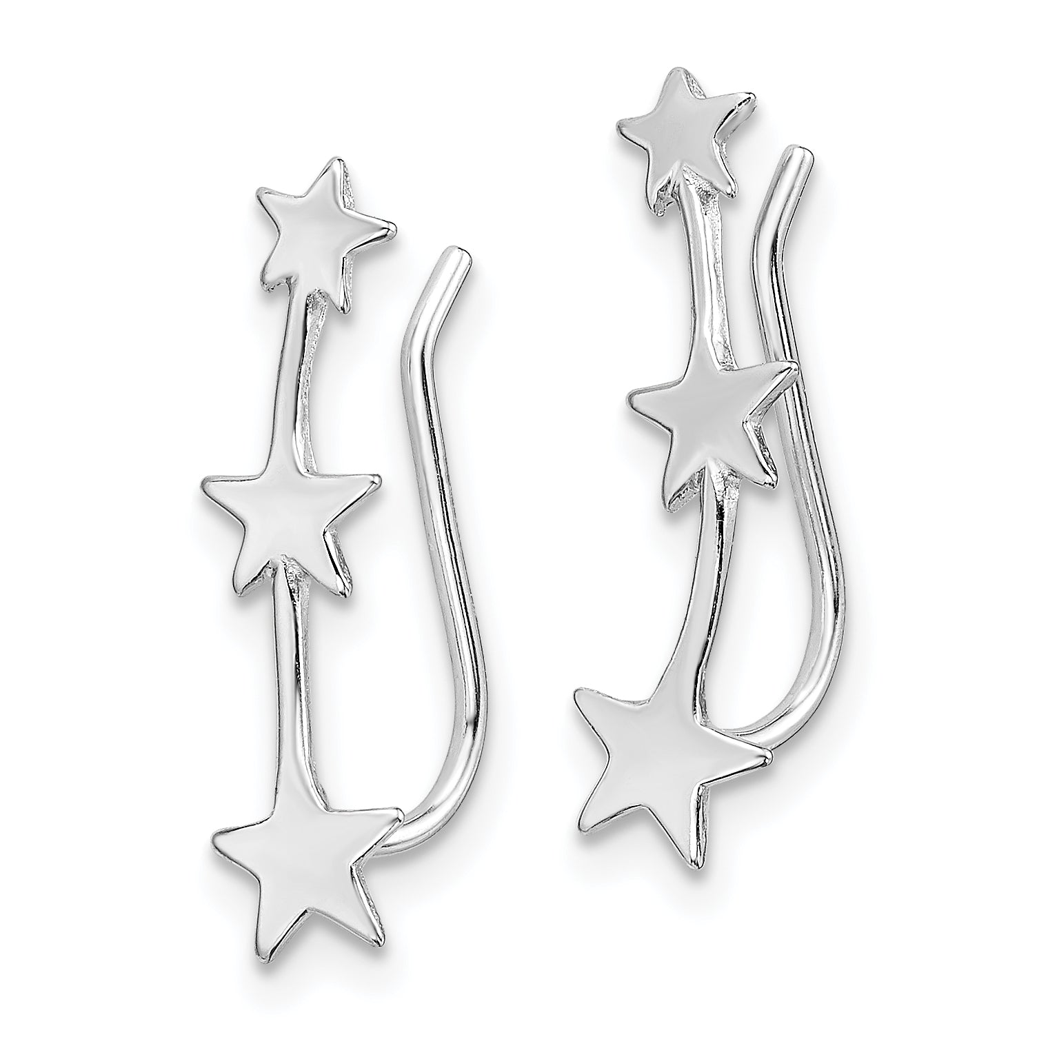 Sterling Silver Rhodium-plated Polished Three Star Ear Climber Earrings