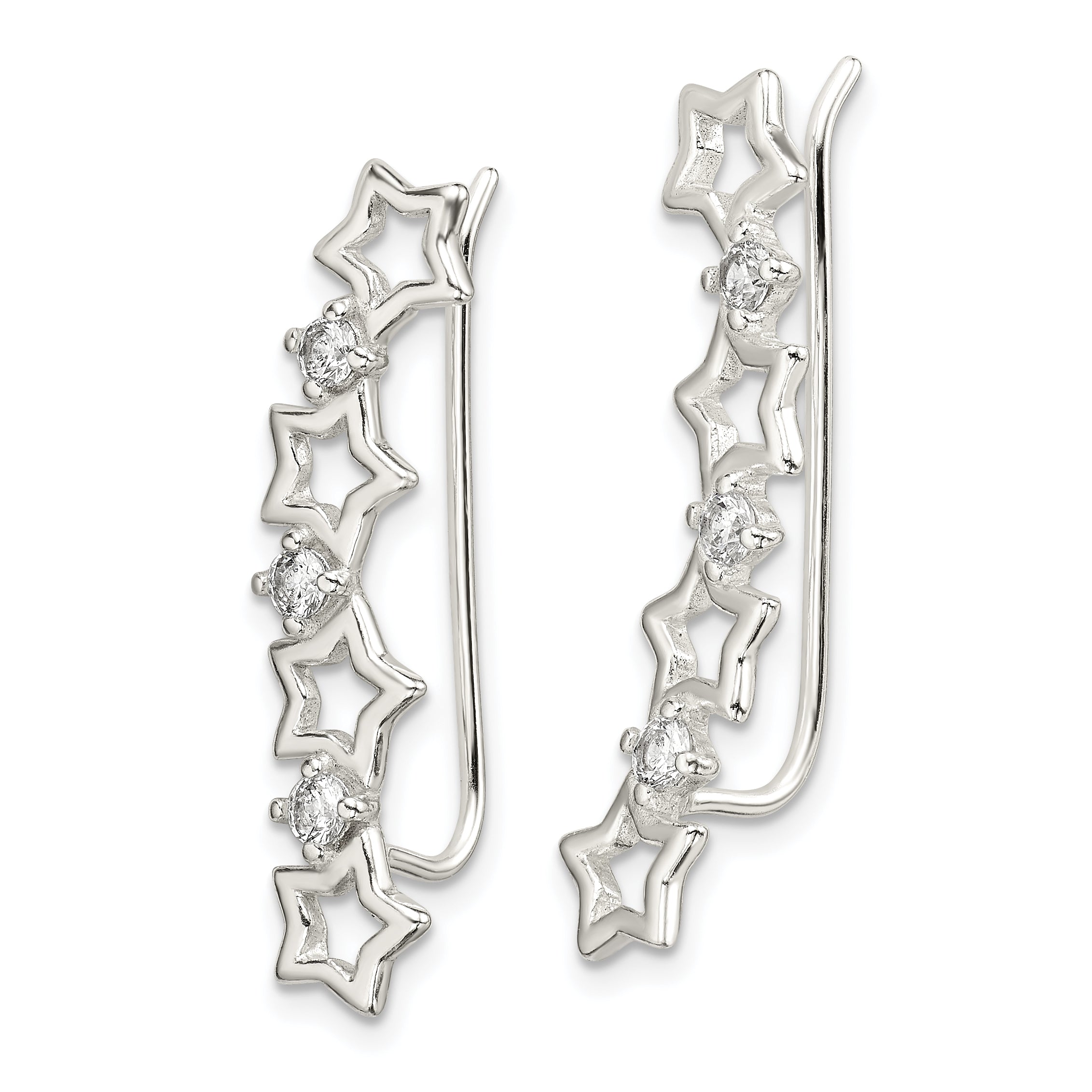 Sterling Silver Polished CZ Stars Ear Climber Earrings