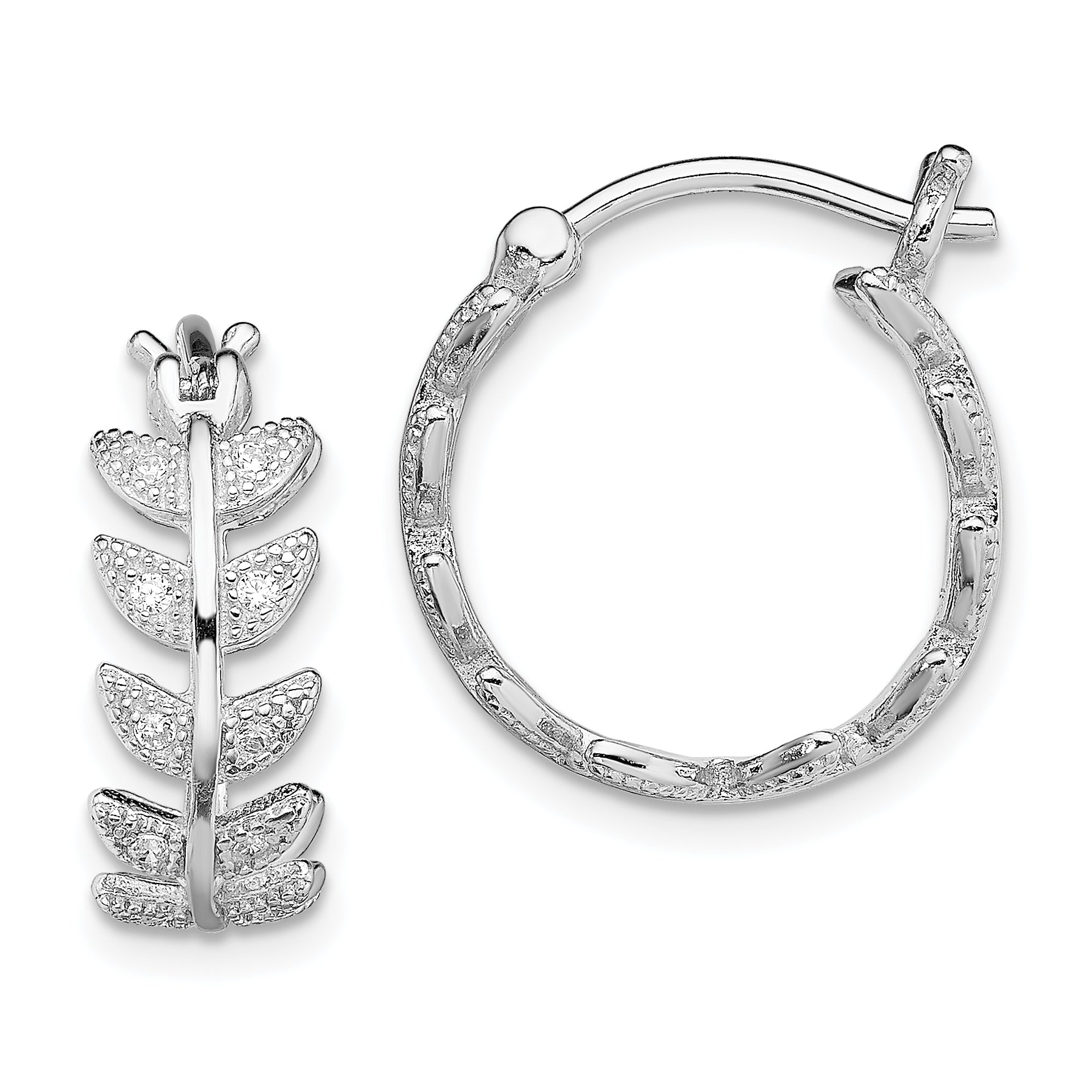 Sterling Silver Rhodium-plated Micro Pav‚ CZ Leaf Hoops