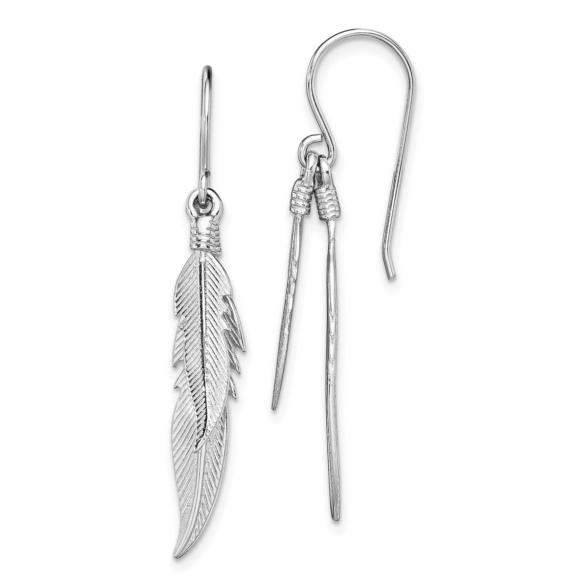 Sterling Silver Rhodium-plated Polished Feathers Dangle Earrings