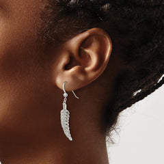 Sterling Silver Textured CZ Feather Shepherd Hook Earrings