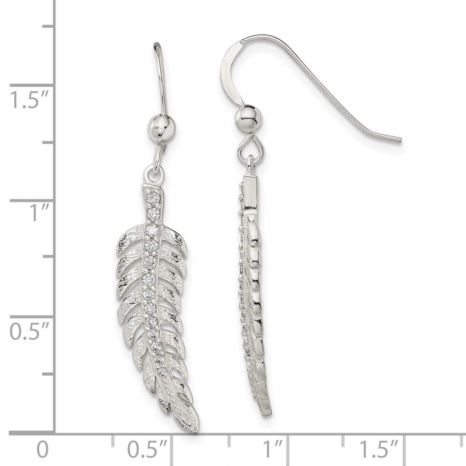 Sterling Silver Textured CZ Feather Shepherd Hook Earrings