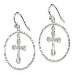 Sterling Silver Polished & Diamond-cut Cross Circle Dangle Earrings