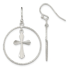 Sterling Silver Polished & Diamond-cut Cross Circle Dangle Earrings