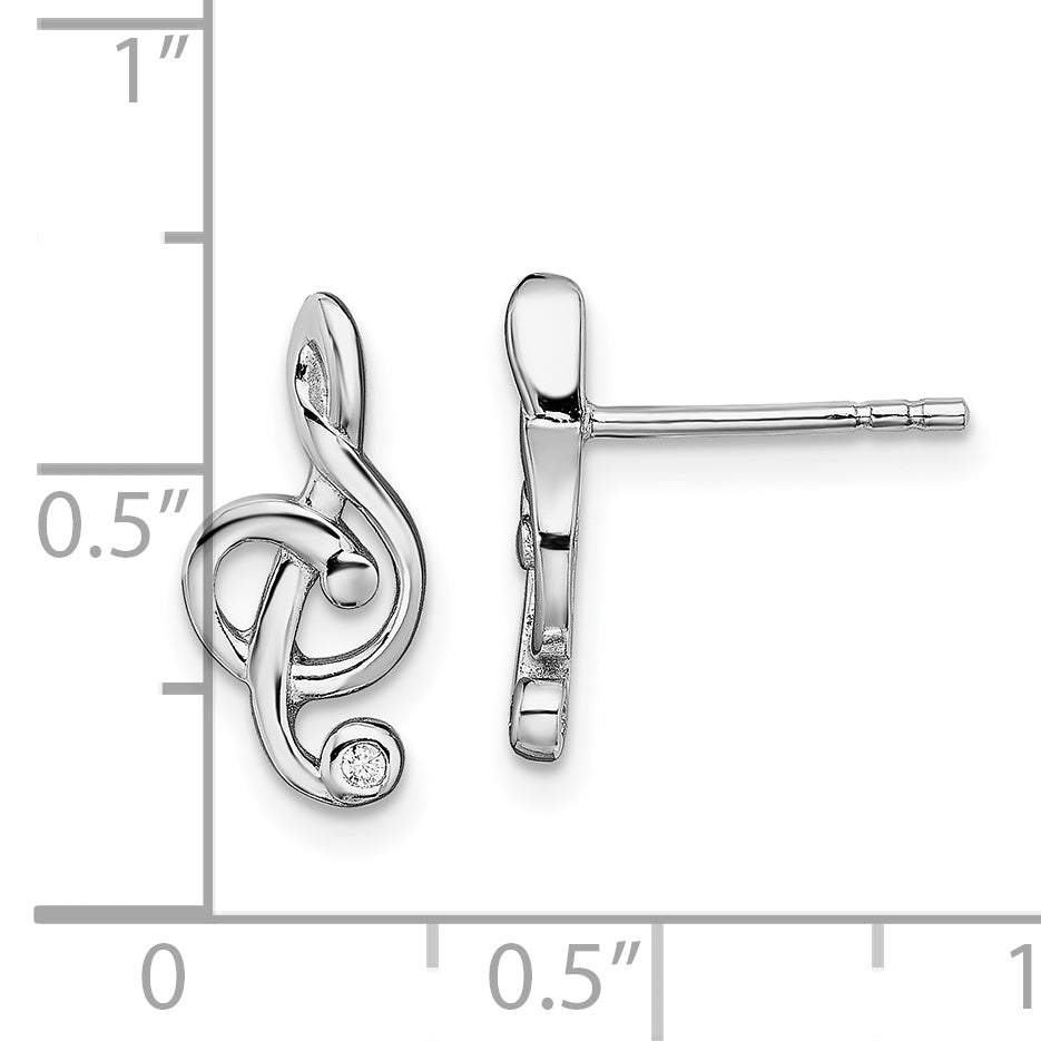 Sterling Silver Rhodium-plated CZ Treble Clef Post Earrings