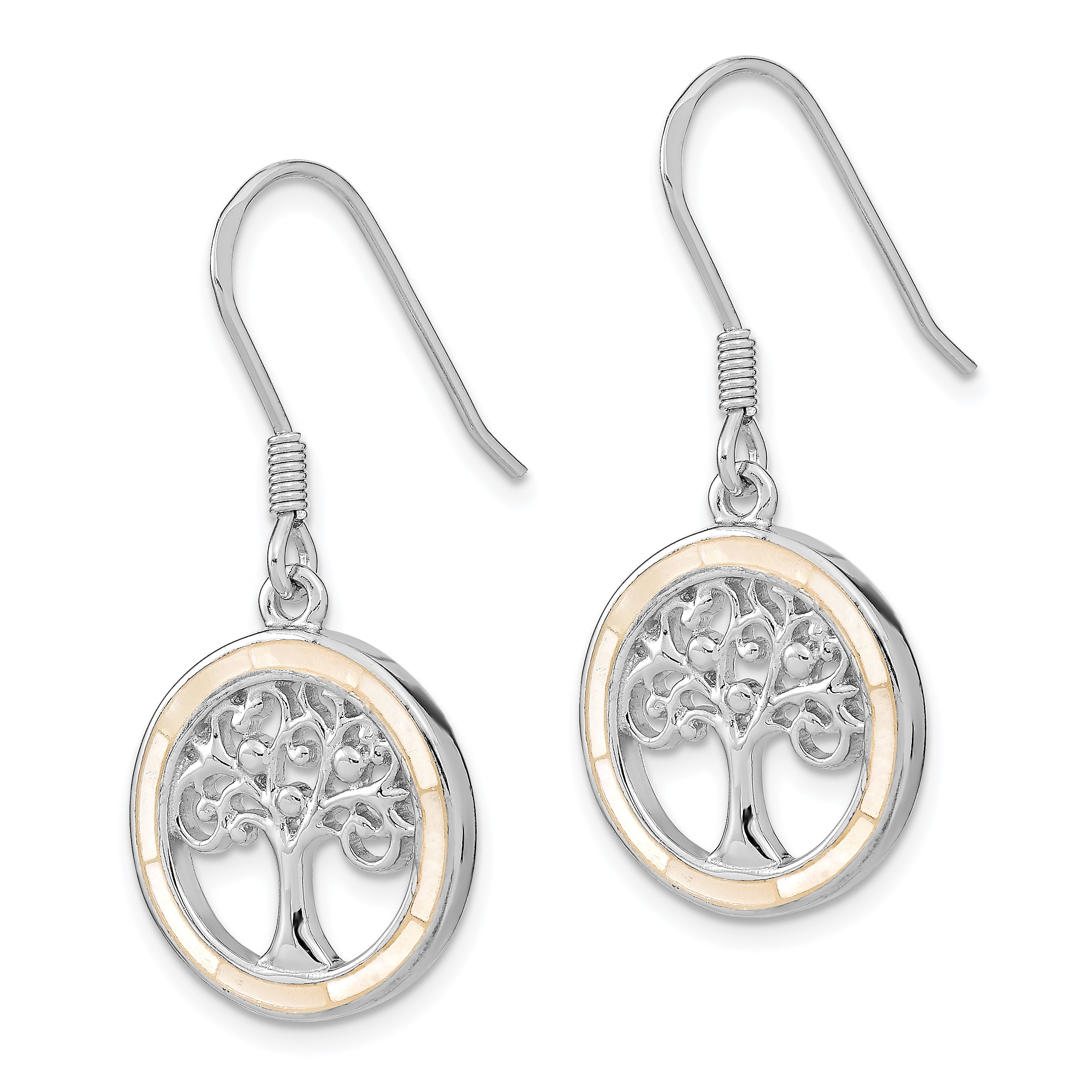 Sterling Silver Rhodium-plated White MOP Tree of Life Earrings