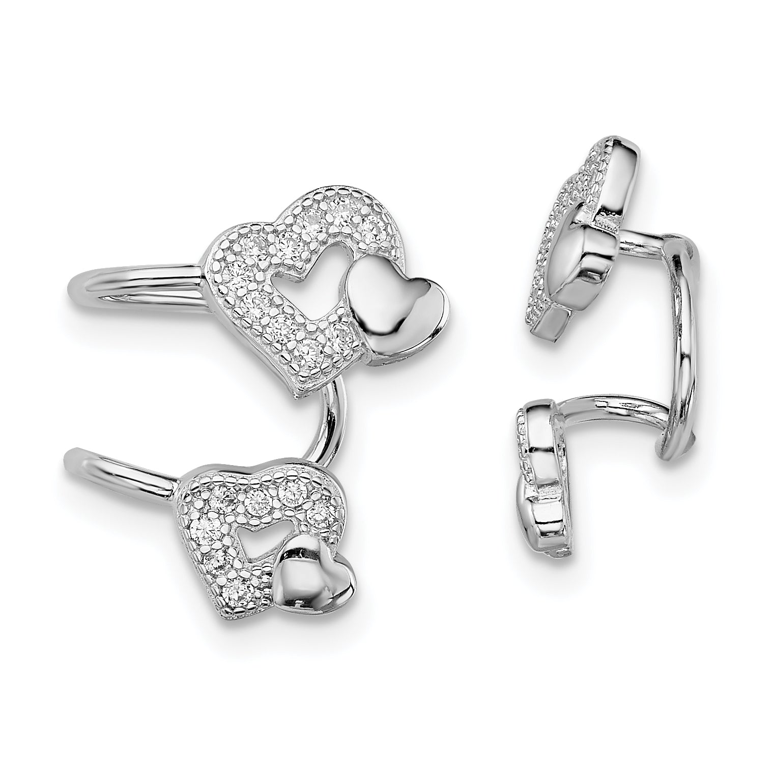 Sterling Silver Rhodium-plated Polished CZ Hearts Right Cuff Earring