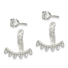 Sterling Silver Polished Beaded Curve & CZ Front & Back Post Earrings