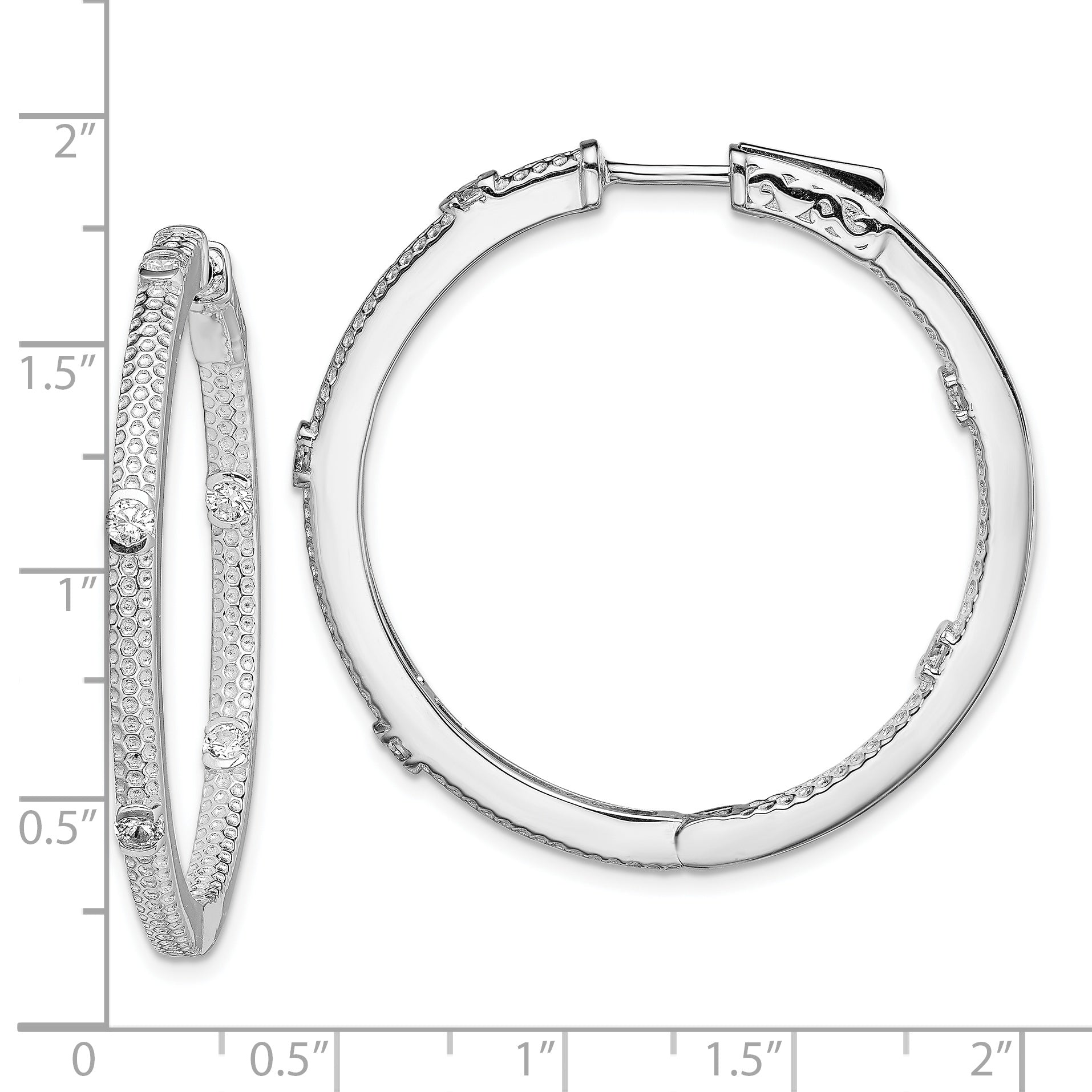 Sterling Silver Rhod-plated CZ In/Out Round Hinged Hoop Earrings