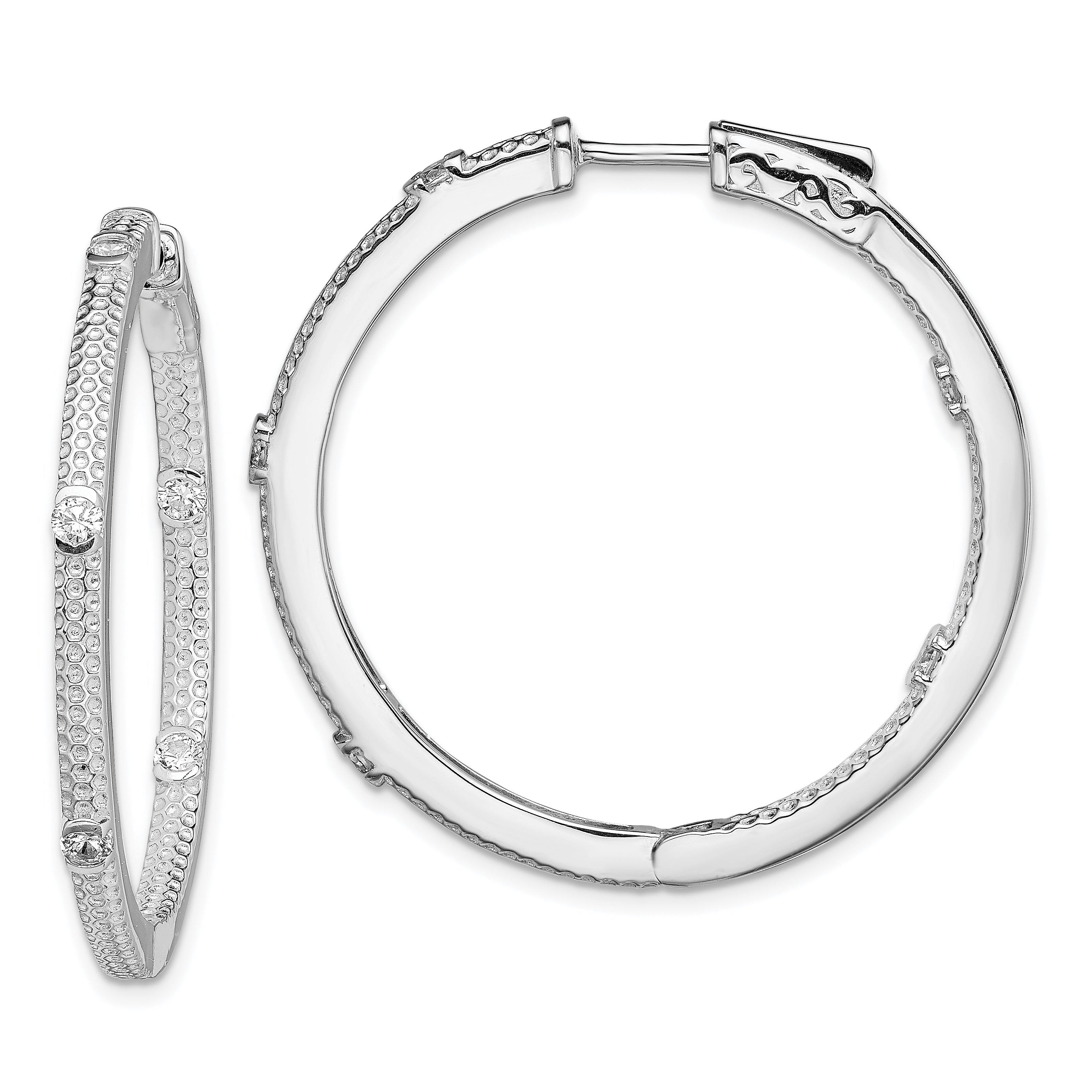 Sterling Silver Rhod-plated CZ In/Out Round Hinged Hoop Earrings