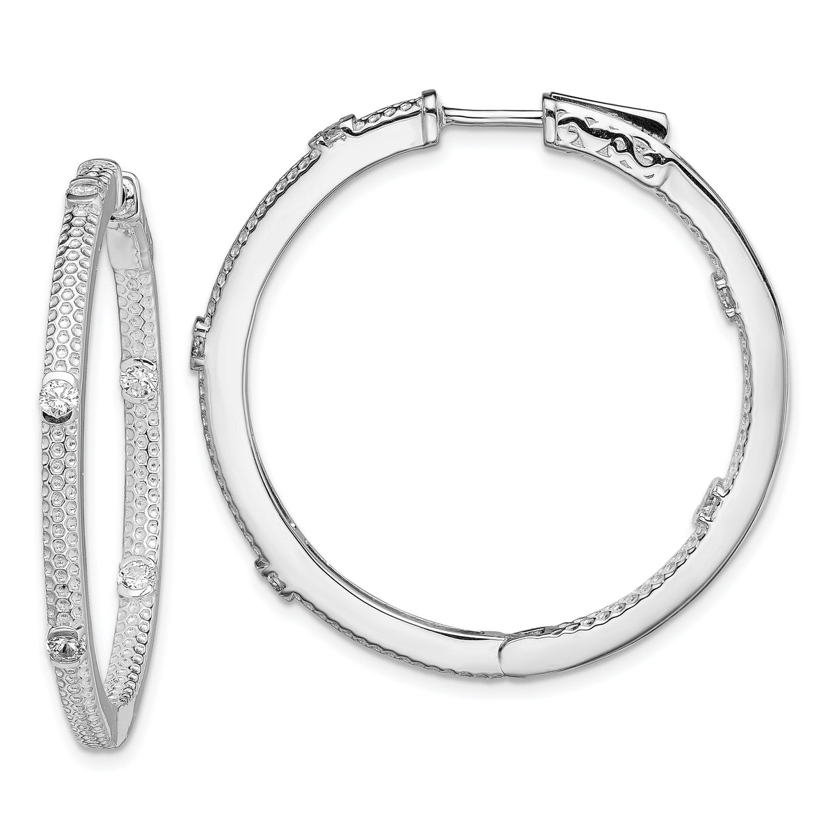 Sterling Silver Rhod-plated CZ In/Out Round Hinged Hoop Earrings