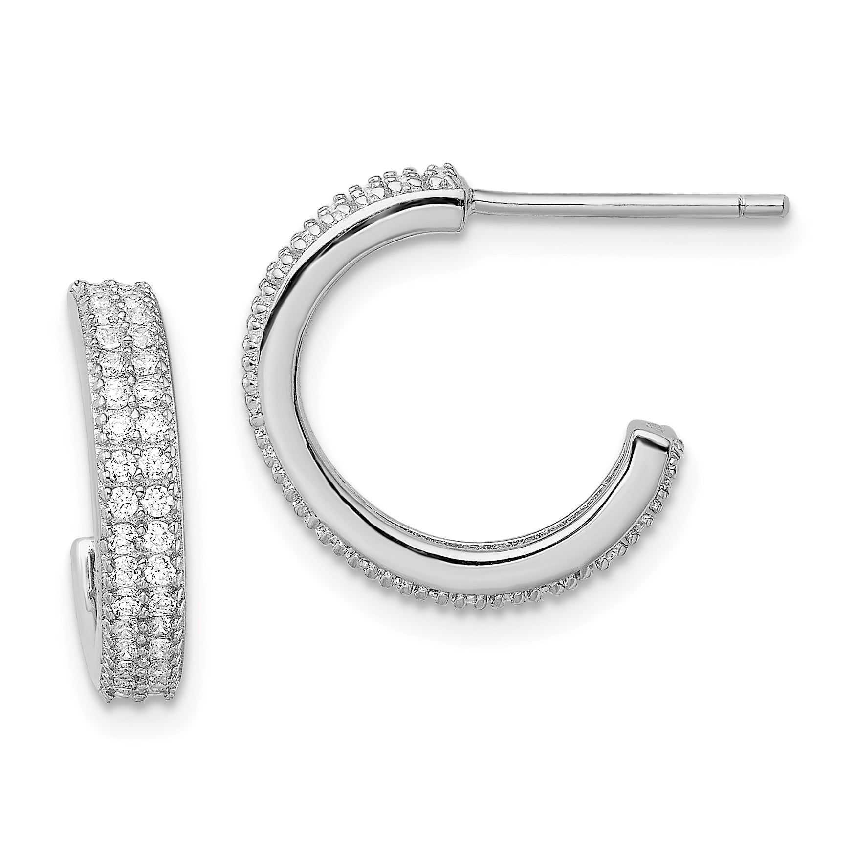 Sterling Silver Rhodium-plated CZ 14x3.5mm C-Hoop Post Earrings